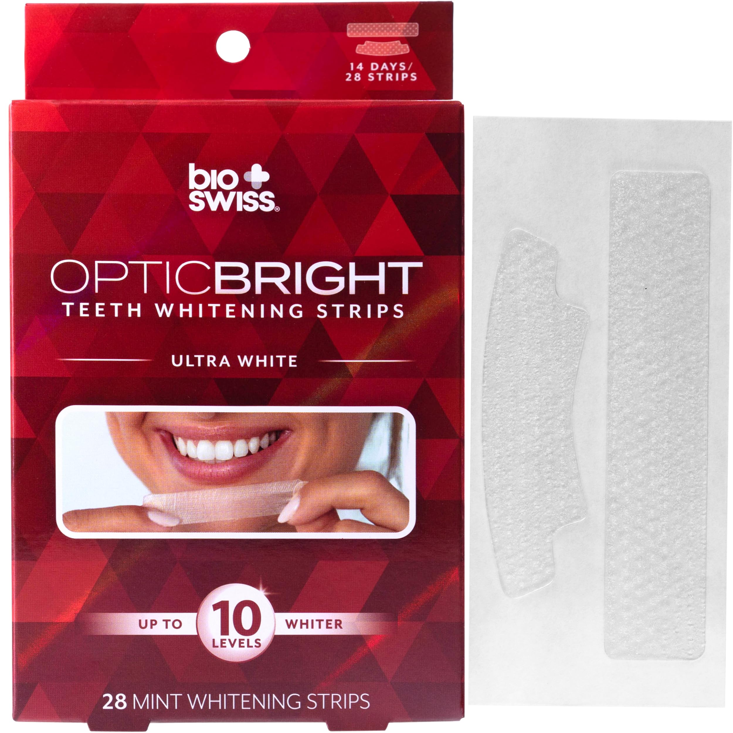 BioSwiss Teeth Whitening Strips, Optic Bright Ultra White Mint Tooth Whitener Strip Set, Pack of 28, Red Box