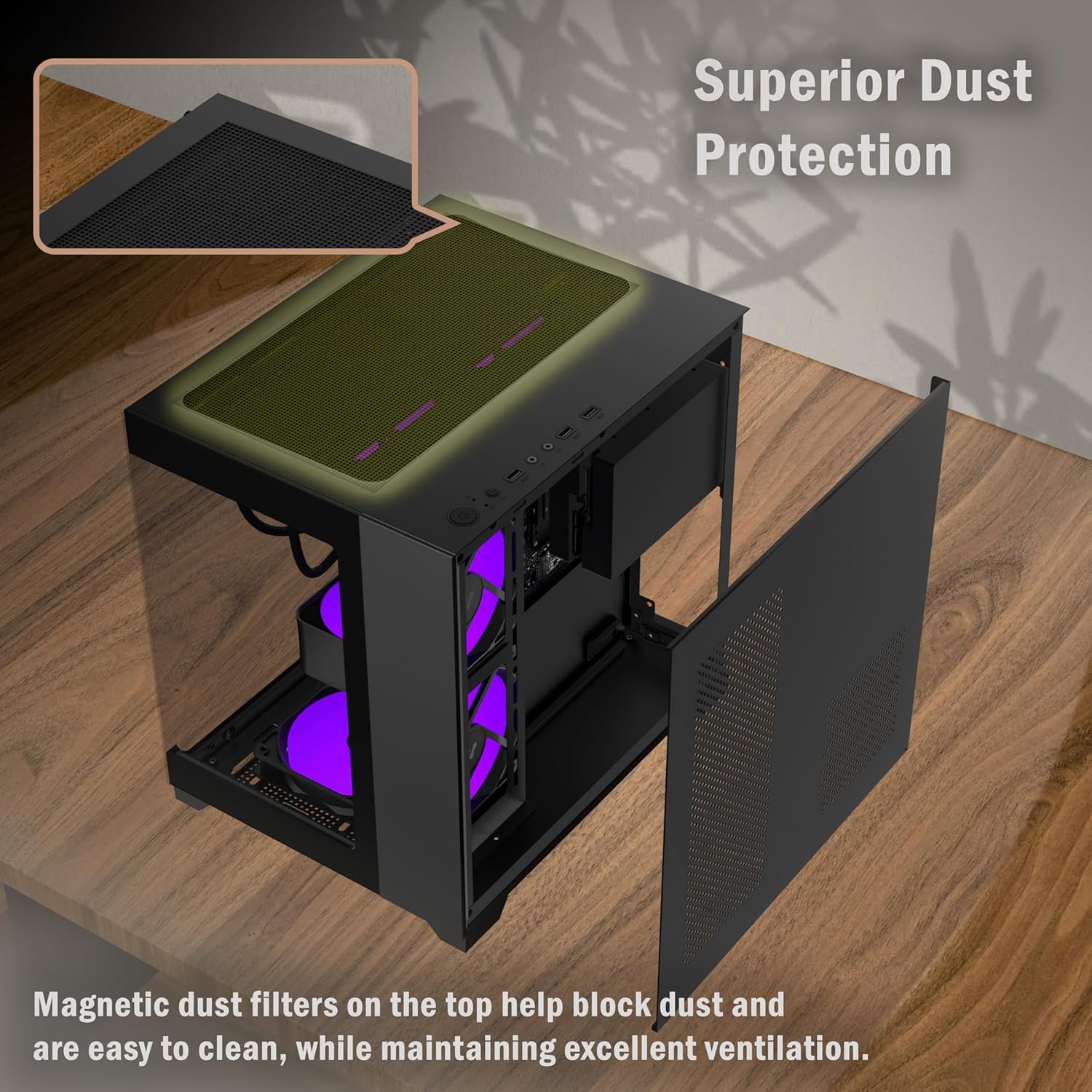 KEDIERS C770 PC case with top magnetic dust filter removed for cleaning