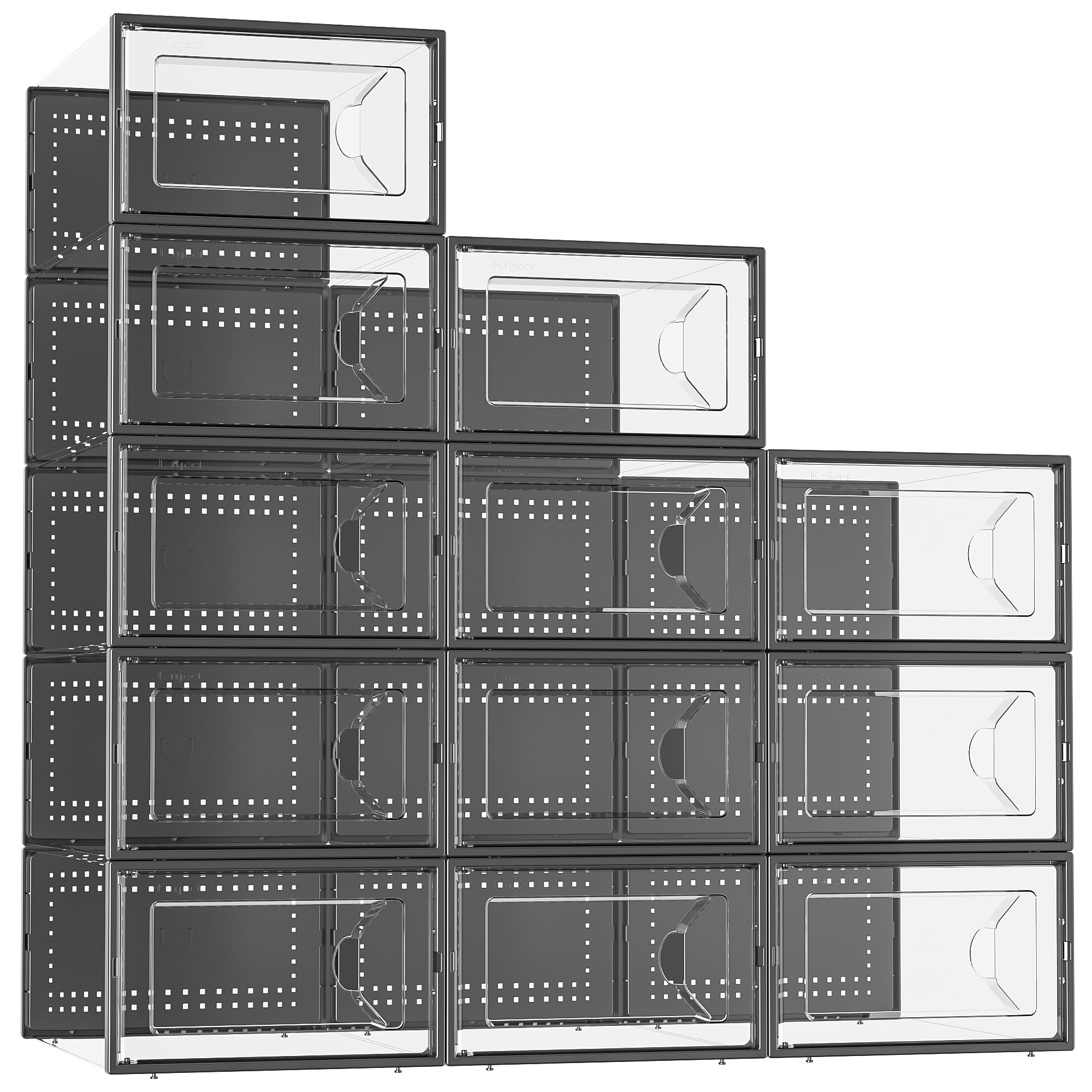 KujectLarge Crystal Clear Shoe Storage Box, Stackable Shoe Organizer for Closet, Space Saving Sneaker Shoe Container Bins, Foldable Display Shoe Rack Holder for Entryway, 12 Pack Black