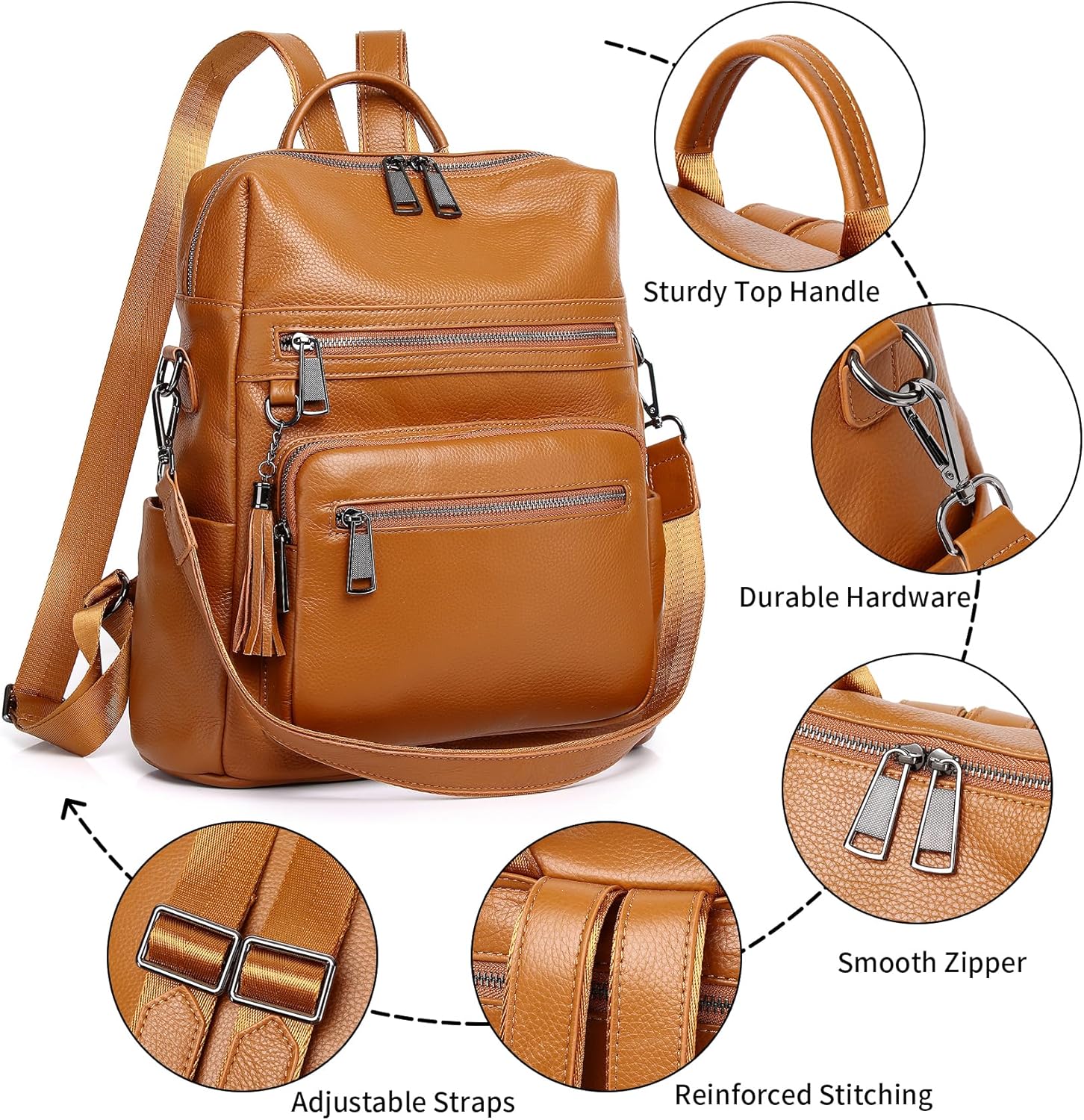 Genuine Leather Backpack Purse For Women Orange Brown Real Soft Leather Fashion Convertible Shoulder Bag - Image 5