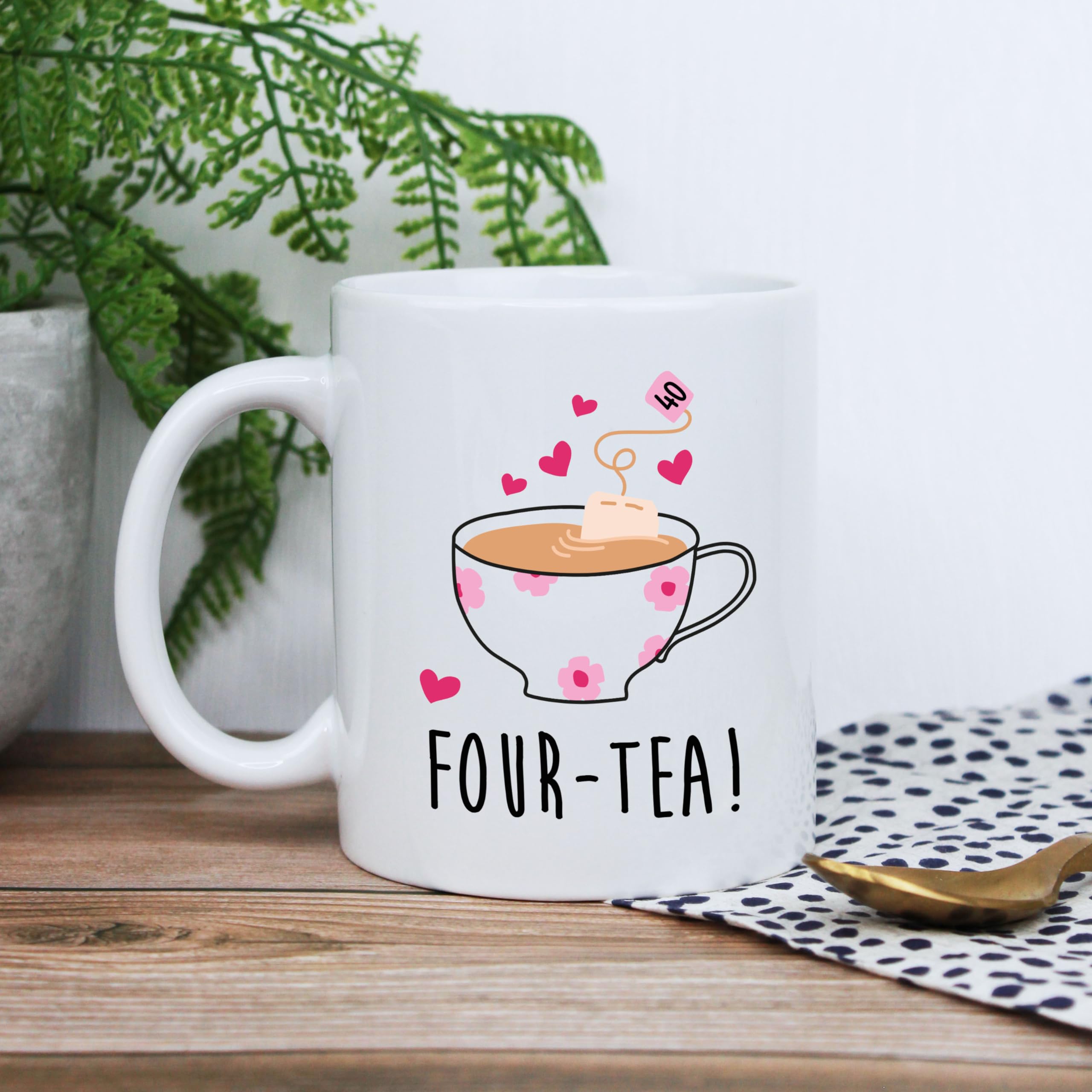 eBuyGB Printed Ceramic Coffee Mug Four-Tea Design - 350ml Tea Cup, 40th Milestone Birthday Gifts for Women, Her - Fourtieth Gift for Friend, Sister, Daughter, Mum, Wife