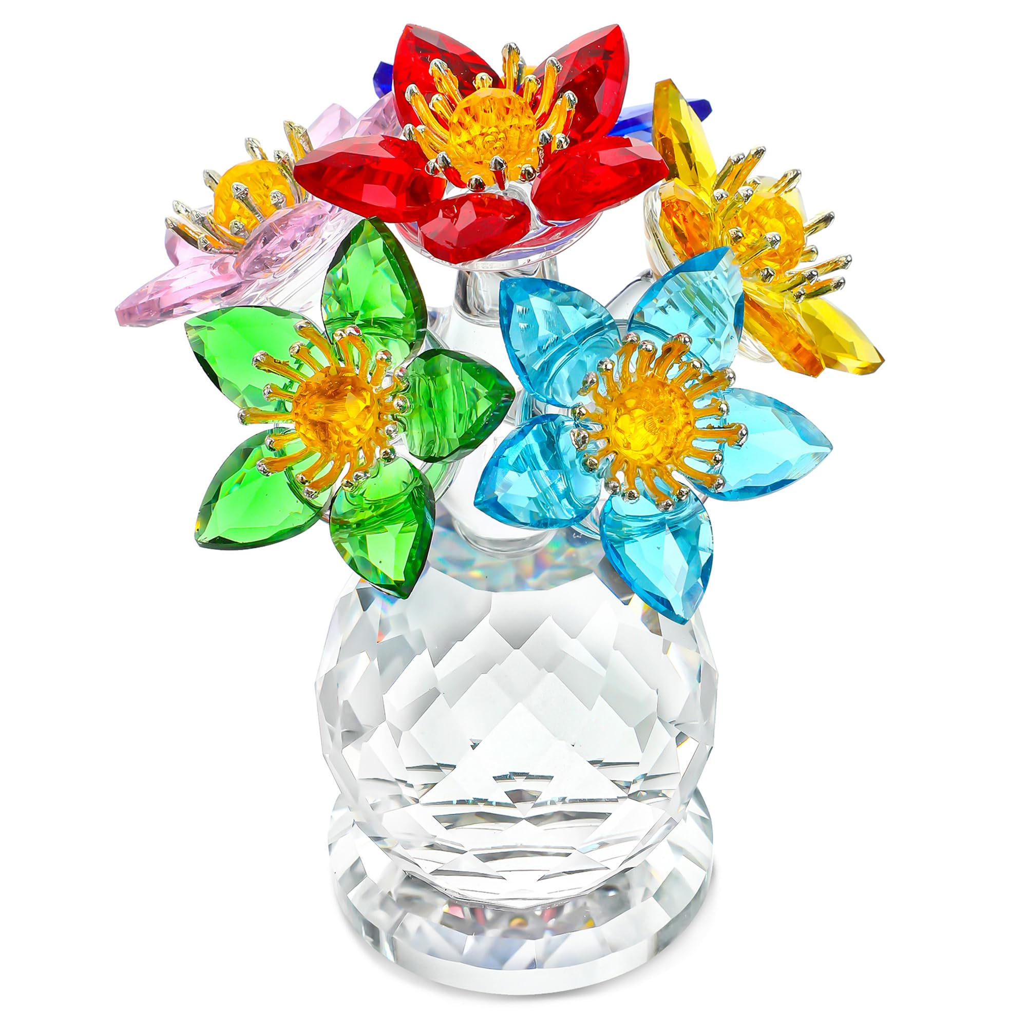 Colorful Crystal Flower Figurine with Base Multicolor Floral Home Decor Christmas Tabletop Centerpiece