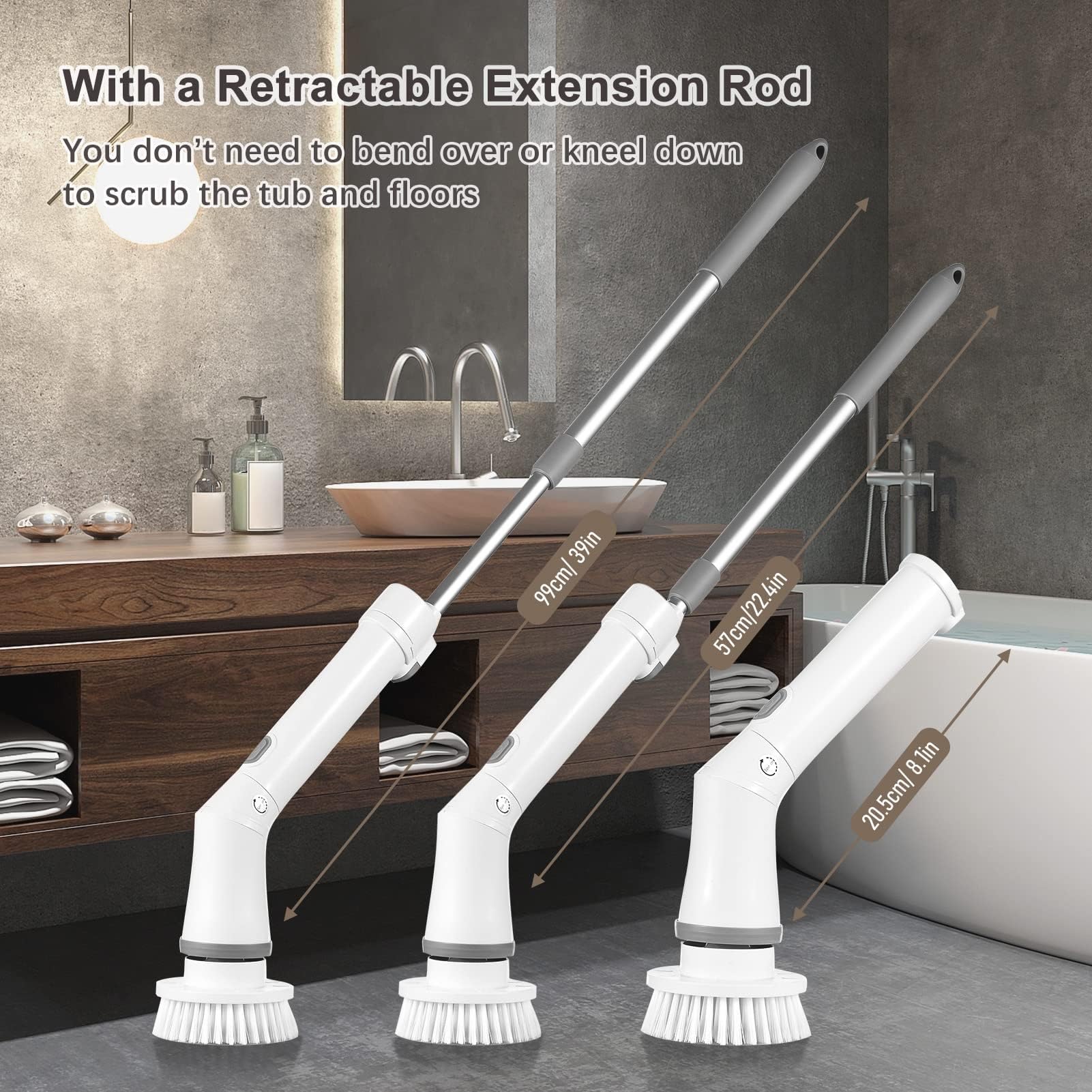 Limpiador Giratorio Eléctrico De Mano, Limpieza Eléctrica Inalámbrica, 2 Velocidades, Ajustable Con Varilla De Extensión, 6 Cabezales Brh Reemplazables For Baño, Bañera, Inodoro, Pared, Azulejo, Piso