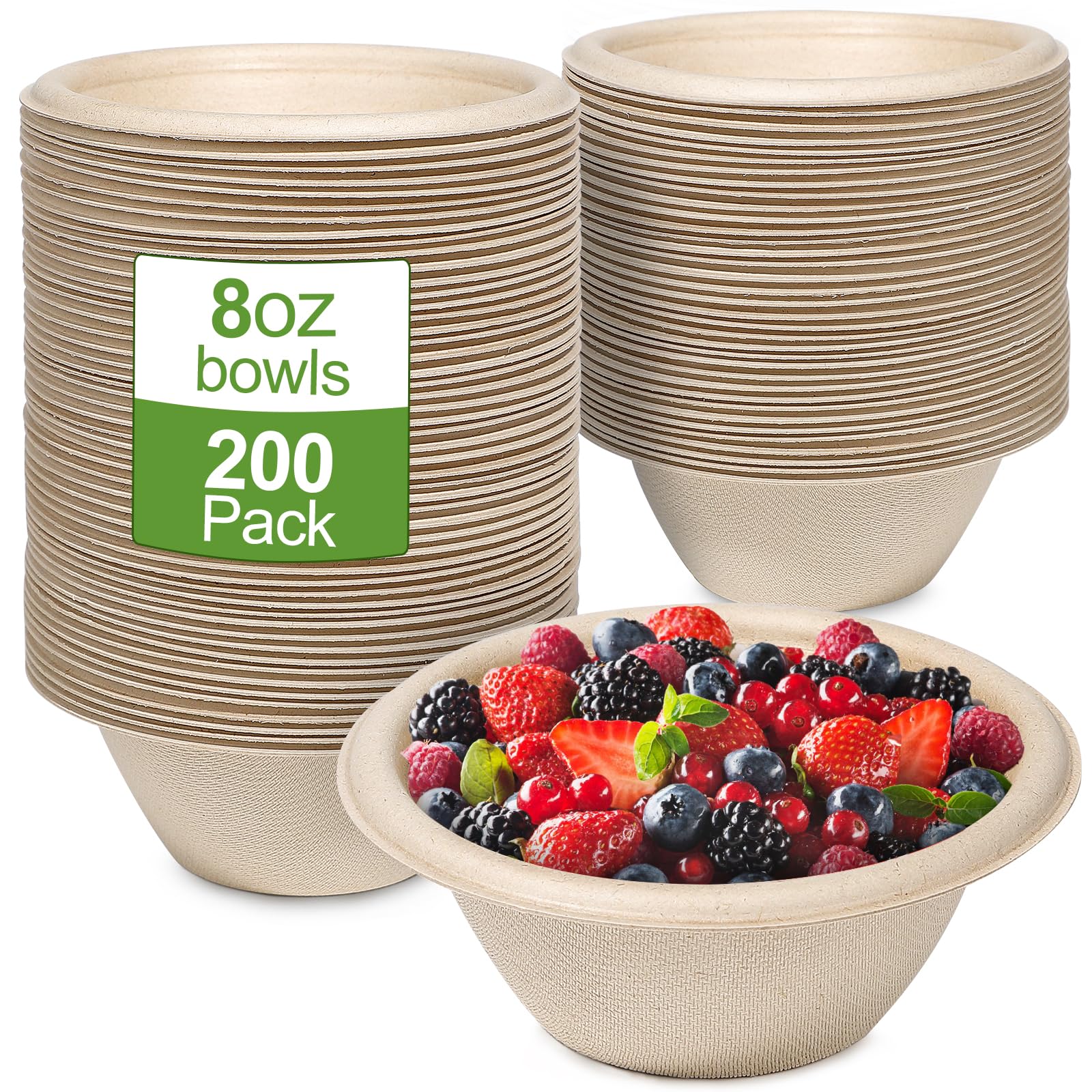 200 Pack Paper Disposable Bowls 8oz Eco-Friendly, Sugarcane Strong Brown Small Bowls Snack Round Soup for Hot Food Dessert