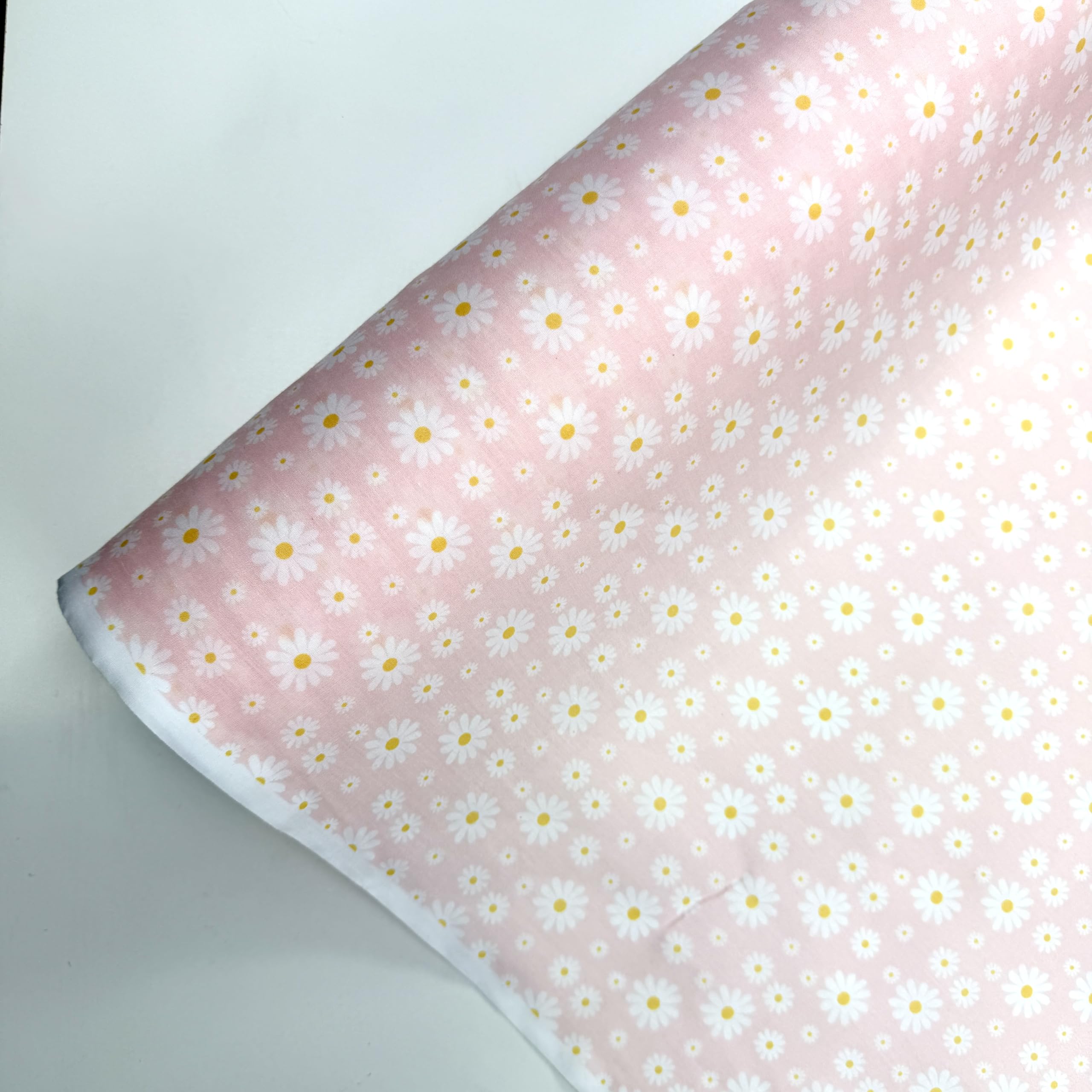 PYRHAN Daisy Floral Polycotton Fabric, 45" Wide, Tale Background with White Flowers Lightweight Printed Fabric for Quilting, Crafts, Dressmaking & Sewing by the Yard (Tale Blue) (Baby-Pink)