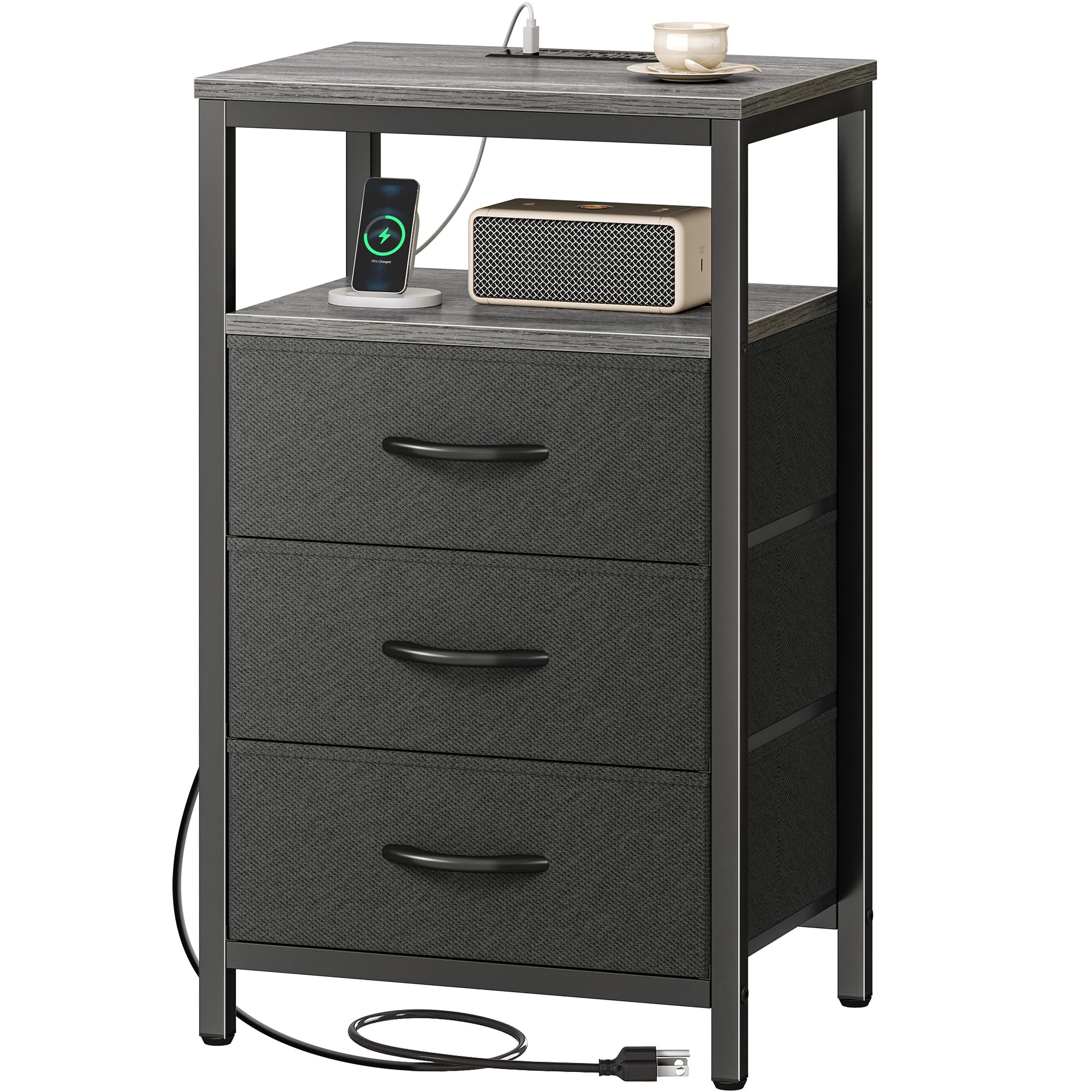 Huuger Nightstand with Charging Station, 27.6 Inch End Table Bedside Table with USB Ports and Outlets, Fabric Drawers, Night Stand for Bedroom,