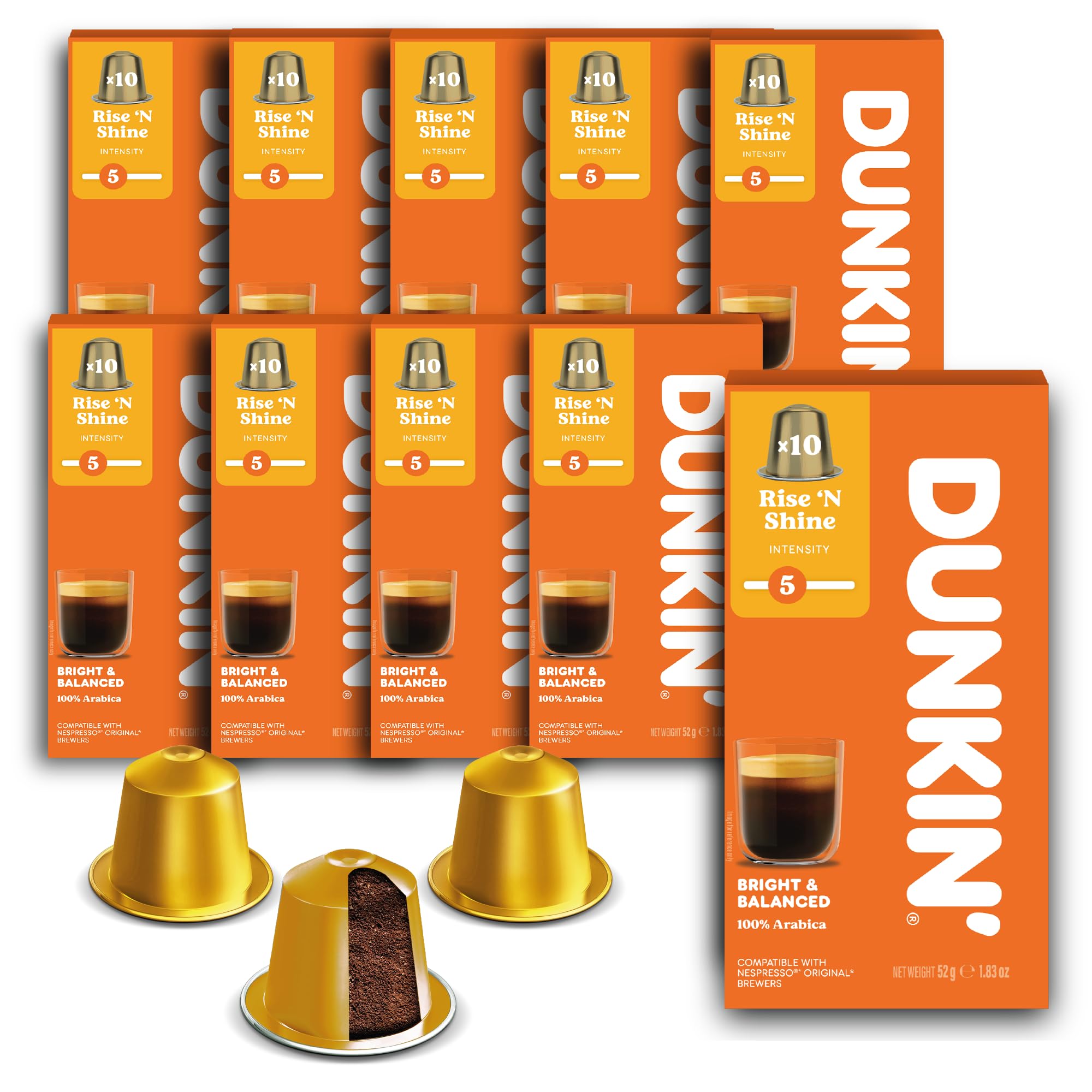 Dunkin’ Donuts Rise ’N Shine – 100 capsule di caffè – 100% Arabica – Tostatura chiara, gusto fresco e leggero – Caffè delicato ed energetico – Compatibile con macchine Nespresso
