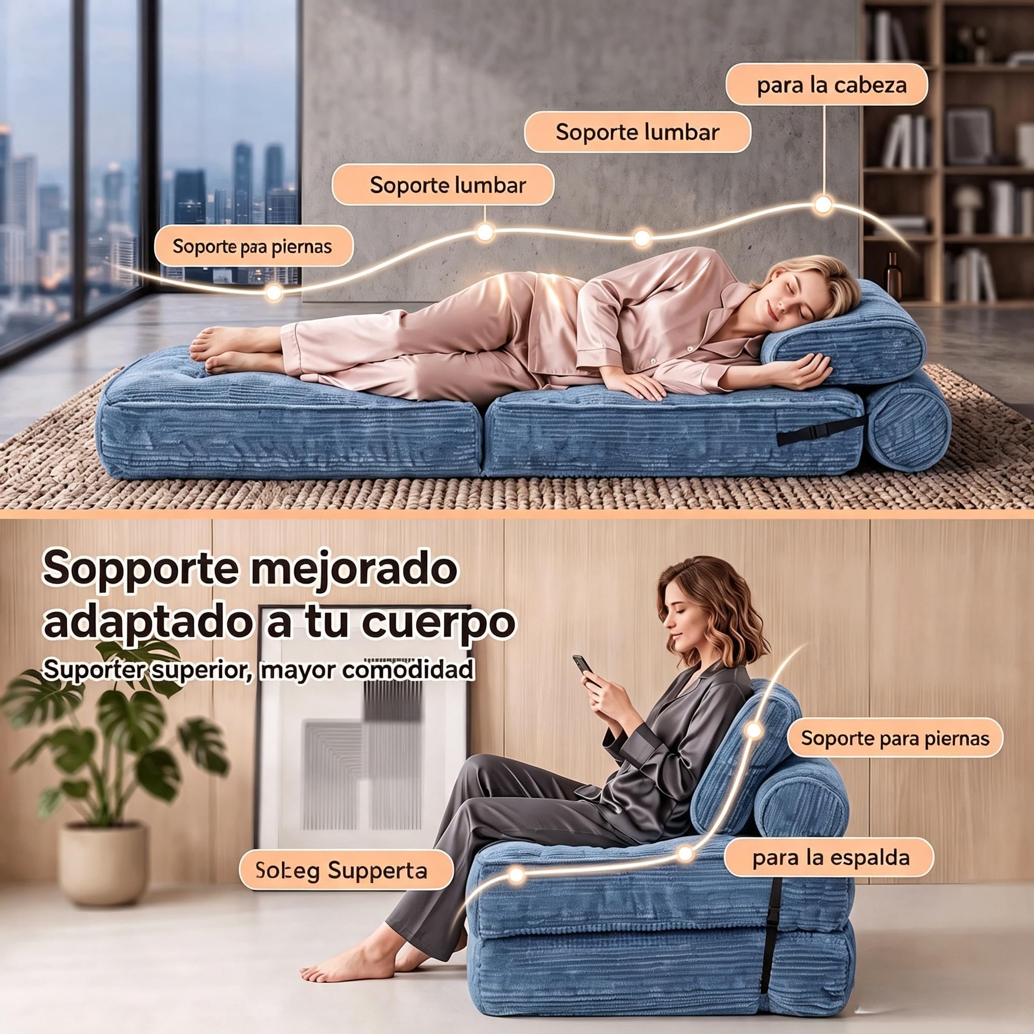 Fabulcozy Sofá Cama 4 en 1 Convertible Plegable - Sillón, Sillón Convertible, Sofá Cama 1 Plaza, Ideal para Espacio Pequeño, Salón o Dormitorio (Gris Azulado)