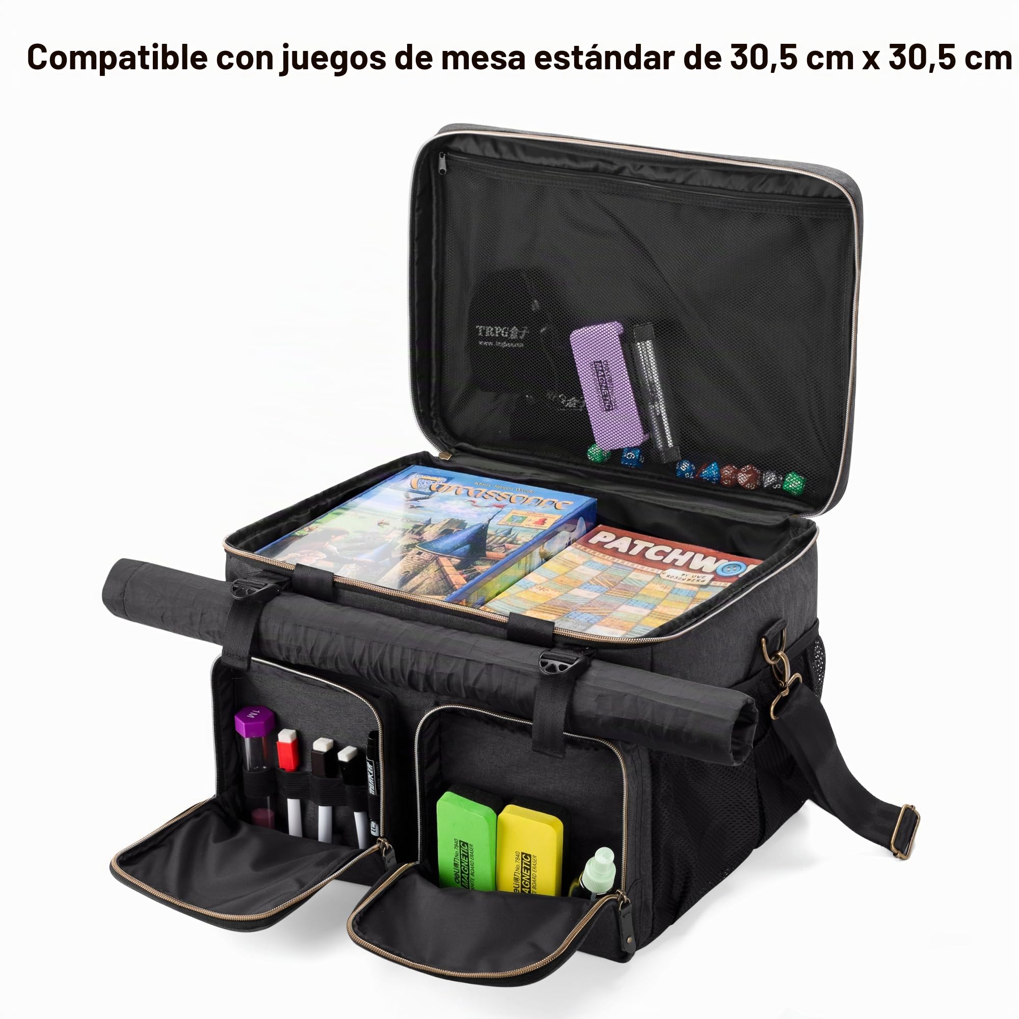 Trunab Bolso Juego de Mesa, Porta de juegos de Mesa, Bolsa de Viaje Compatible con La Mayoría de Los Juegos de Mesa, con Asa, Correa para el Hombro, 2 Clips para Enrollar Tarjetas, Prácticos Bolsillos