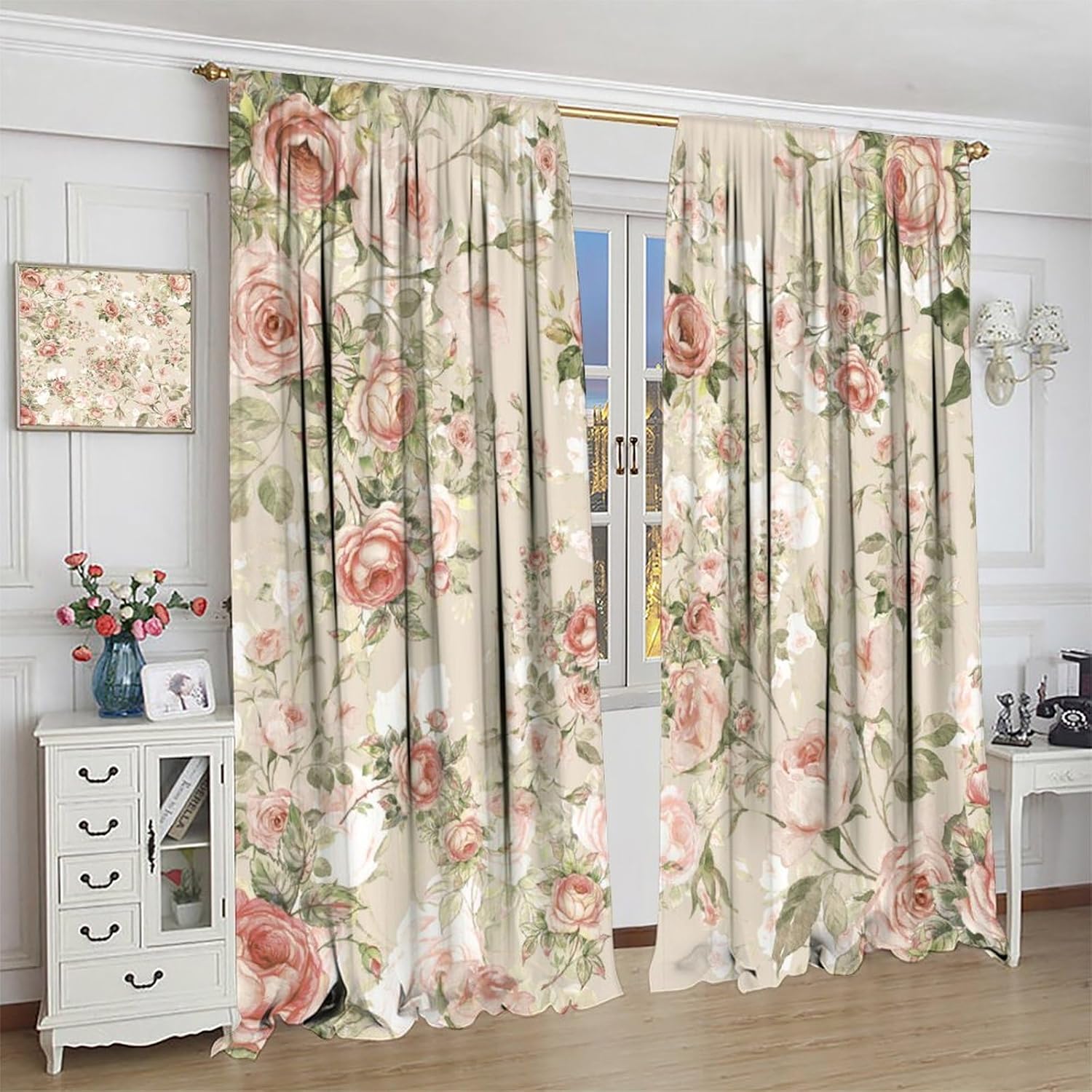 Vintage Rose Blackout Curtains Pink Flower Rustic Garden Botanical Pretty Watercolors Window Treatments for Bedroom Living Room Kitchen Office 42" W X 63" L