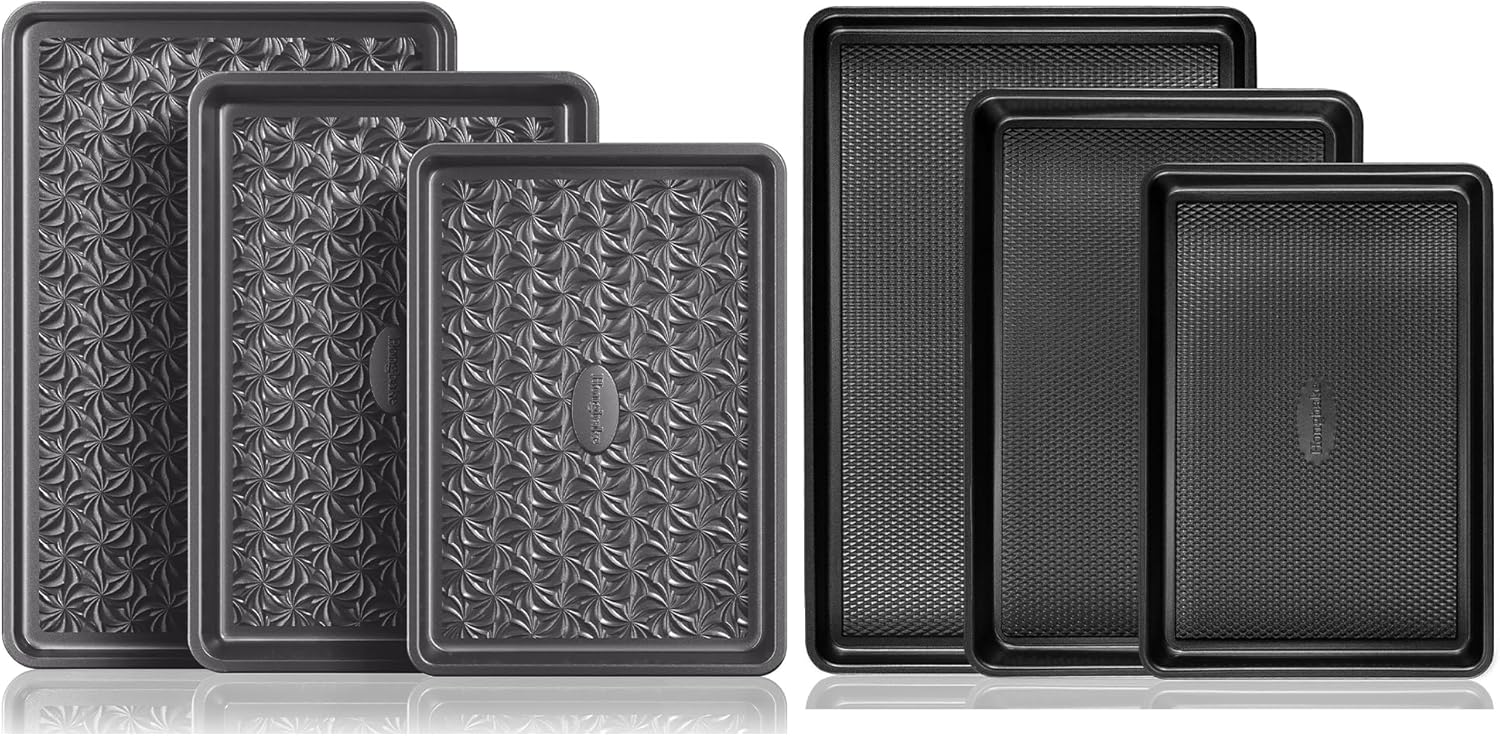 HONGBAKE 3 Pack Baking Sheets with Diamond Texture & 3 Pack Baking Sheets with Floral Swirl Texture