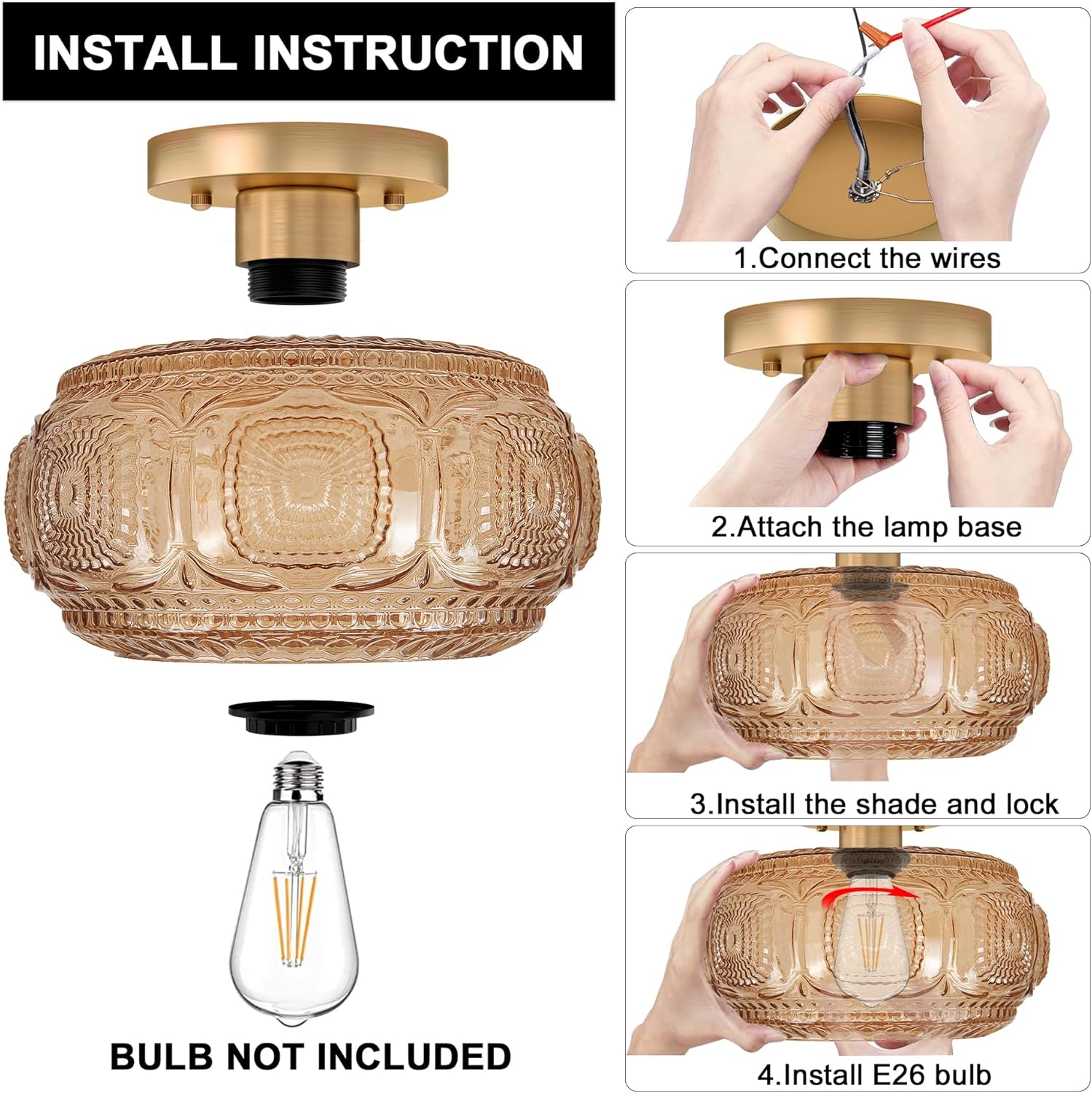 Semi Flush Mount Ceiling Light, Amber Globe Glass Ceiling Light Fixture, Art Deco Kitchen Lighting fixtures Ceiling for Hallway Porch Corridor Bedroom, Bulb Not Included