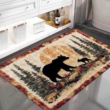 Bear Rug Mat Farmhouse Bathroom Rugs Animal Black Bear Forest Trees Rustic Cabin Carpet Camping Bath Rug Sets for Bathroom Bedroom Kitchen Outdoor Indoor 16X24 Inch