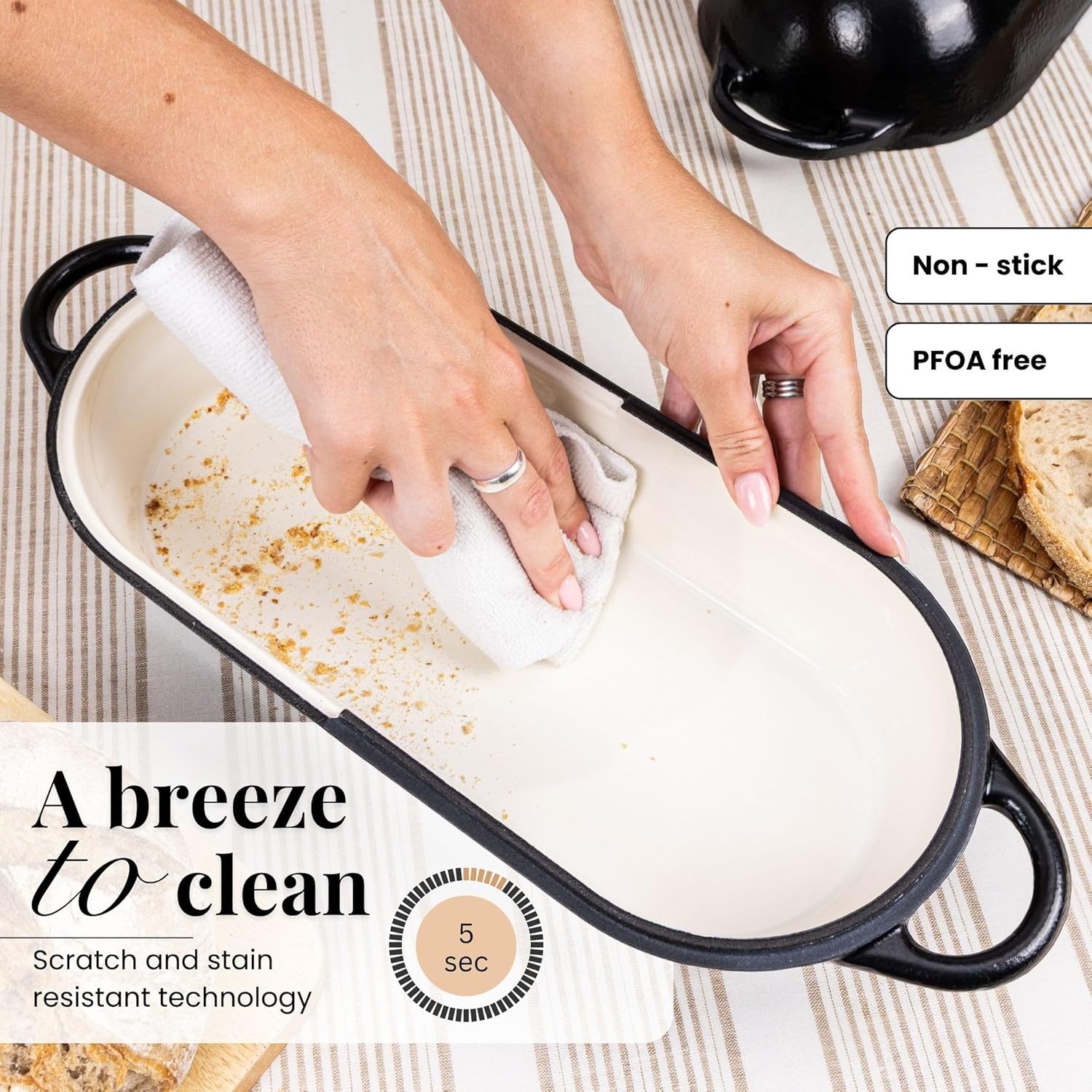 Enamelled Cast Iron Bread Loaf Pot – Dutch Oven For Sourdough Bread Baking – Oven Safe Non Stick Bread Pot – Rectangular, Black, 34cm x 16cm – by Nuovva - Image 4