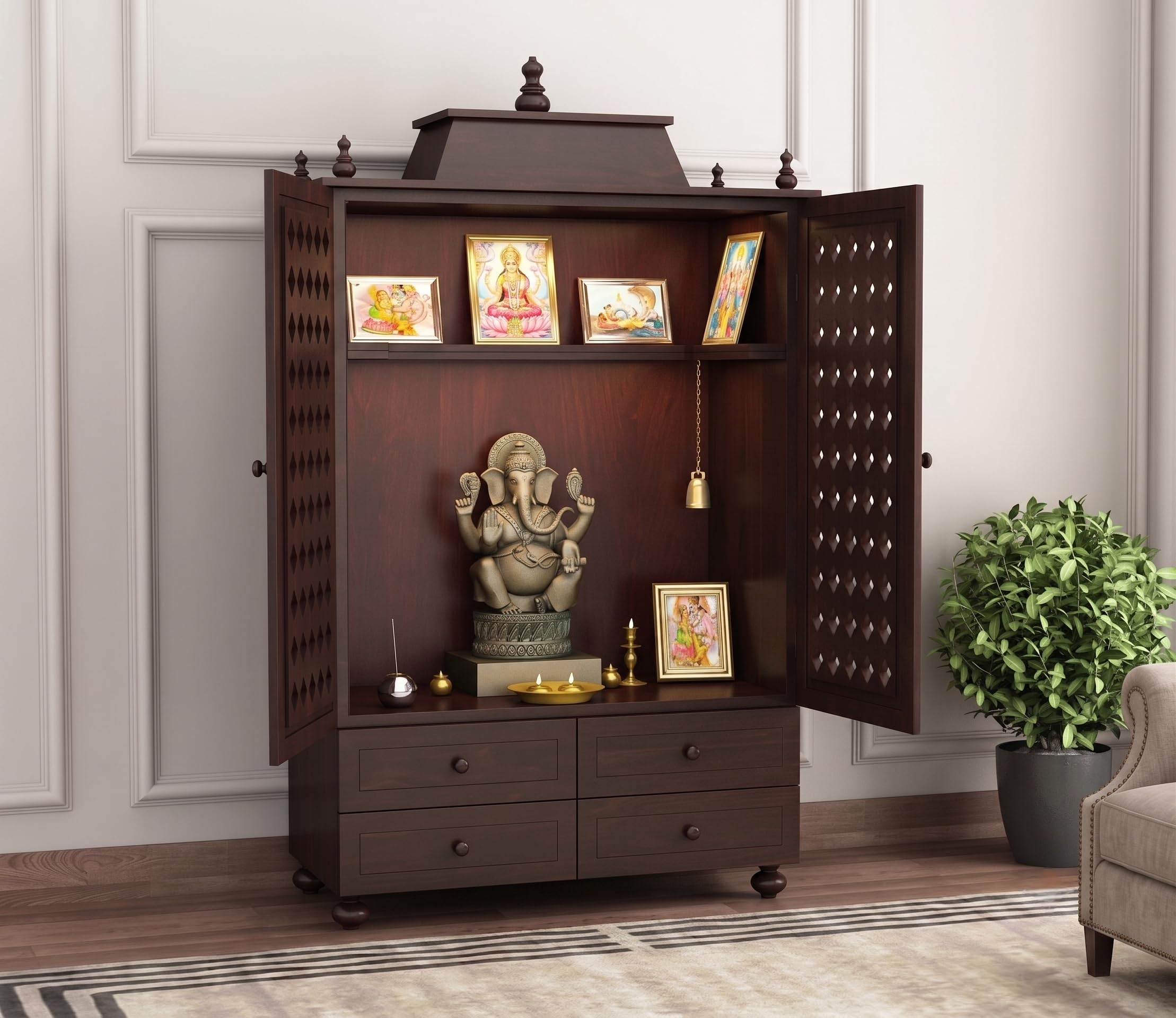 Solid Sheesham Wooden Home Temple Mandir with Doors & 4 Storage Drawers | Wooden God Stand, Pooja Stand, Home Mandap Mandapam | Walnut Finish