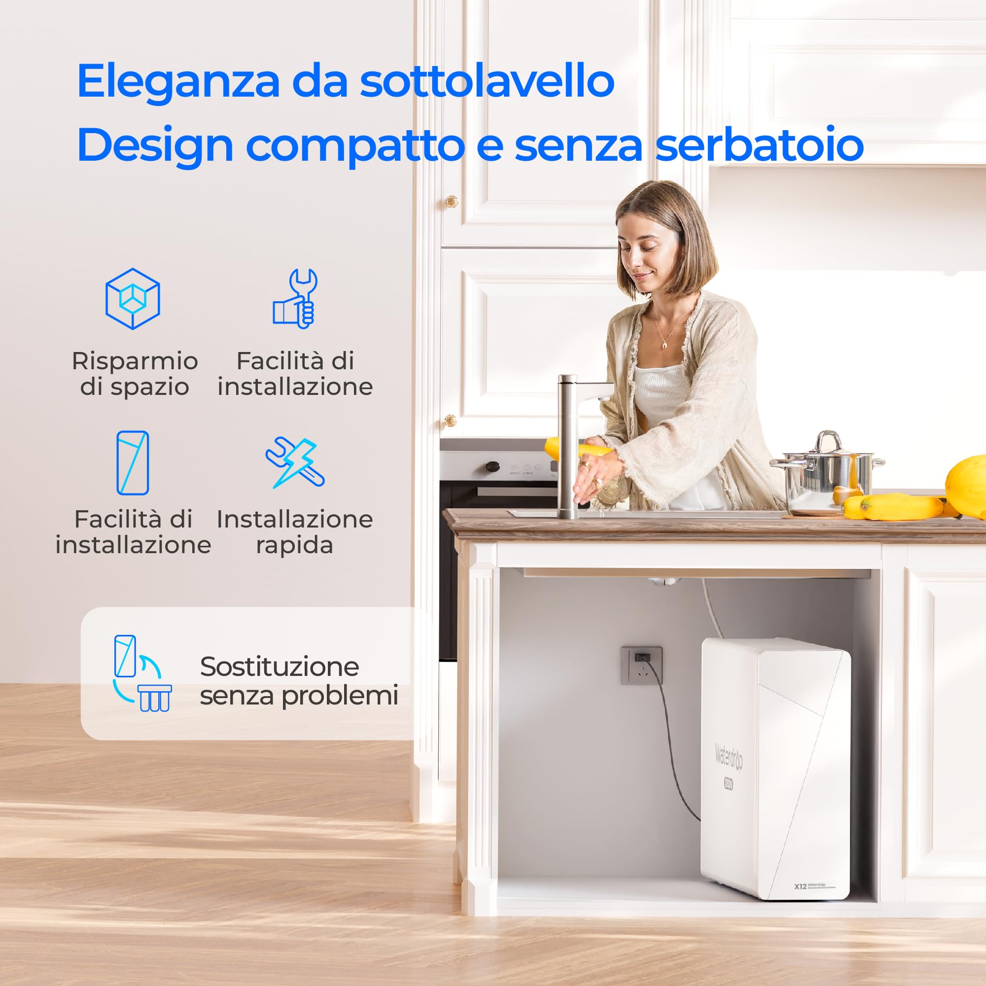 Waterdrop X12 Minerale Alcalino pH+ Osmosi Inversa Sistema, NSF/ANSI 58&372 Certificato, 1200 GPD a Flusso Rapido, Filtrazione a 11 Stadi, 3:1 da Puro a Scarico, Senza BPA