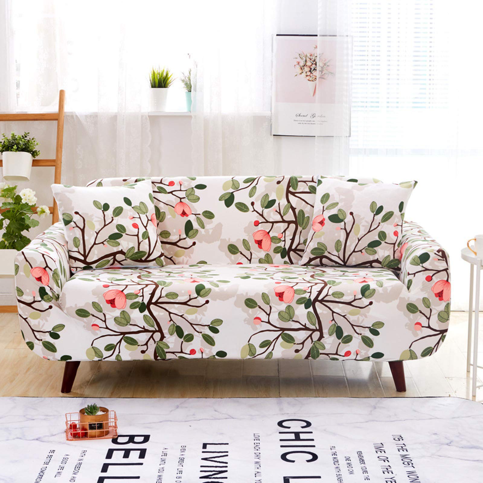 2 Seater Sofa Cover Green Leaves Red Stretch Sofa Covers Spandex Settee Covers 2 Seater Washable Sofa Protectors from Pets Non Slip Covers for Sofas All Seasons Couch Cover with Elastic Strap
