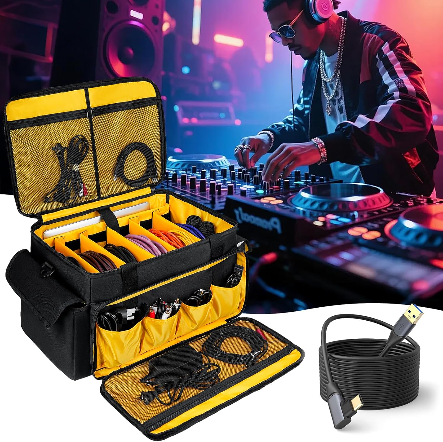 DJ Equipment Bag with 5 Detachable Dividers,DJ Cable File Bag with Laptop and Microphone Slots,Travel Dj Gig Organizer Bags for DJ Gear,Musicians, Professional and Dj Accessories( 18.5"×11.5"×11")