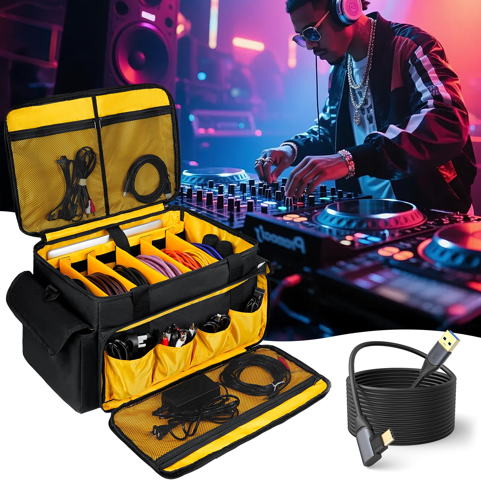 DJ-Equipment-Tasche mit 5 herausnehmbaren Trennwänden,DJ-Kabeltasche mit Fächern für Laptop und Mikrofon,Reise-Organizer-Tasche für DJ-Equipment,Musiker,Profis und DJ-Zubehör (47 x 29 x 28 cm)