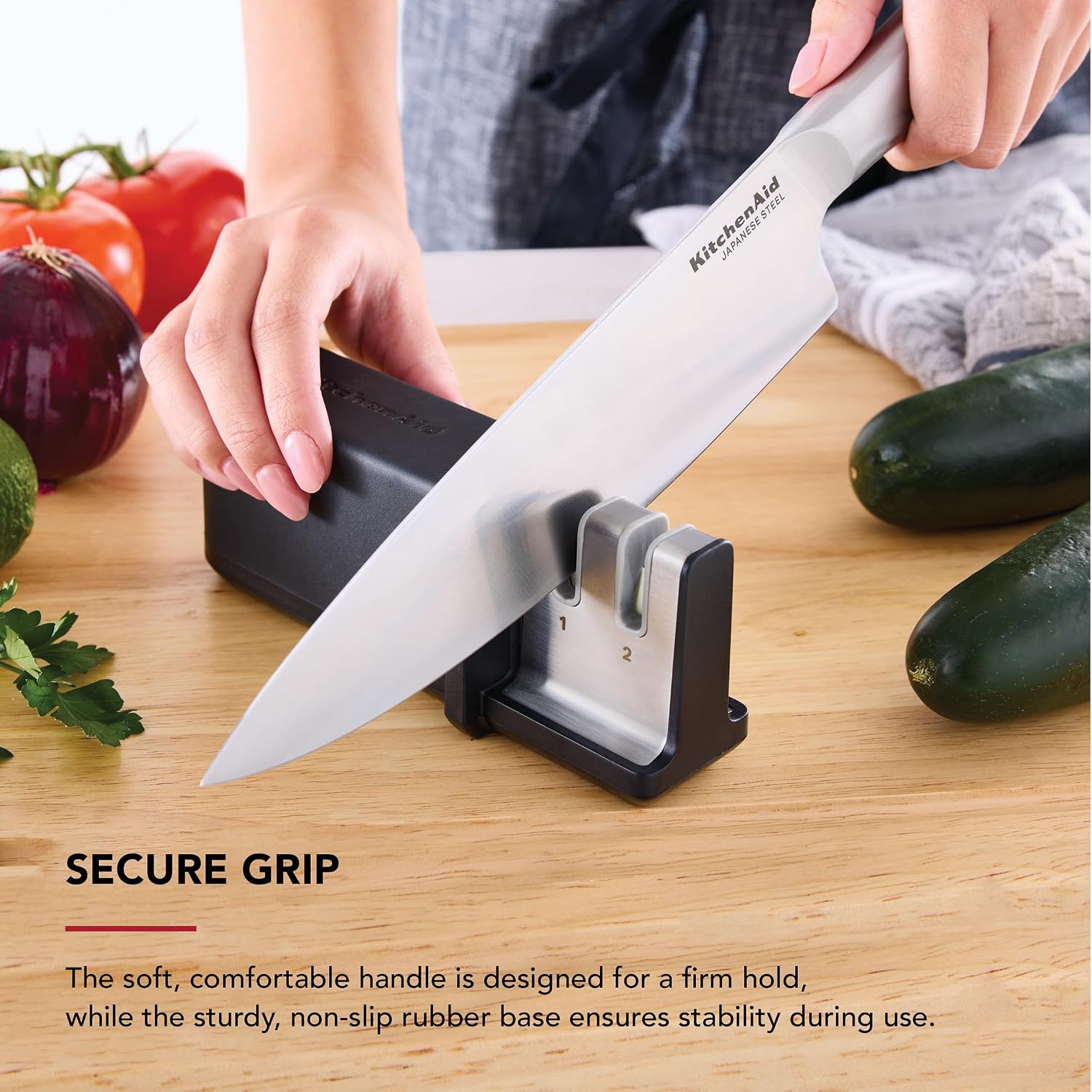 KitchenAid 2-Stage Handheld Knife Sharpener, Soft-Grip Handle, Non-Slip Base, Repairs and Sharpens Fine-Edge Blades, Black