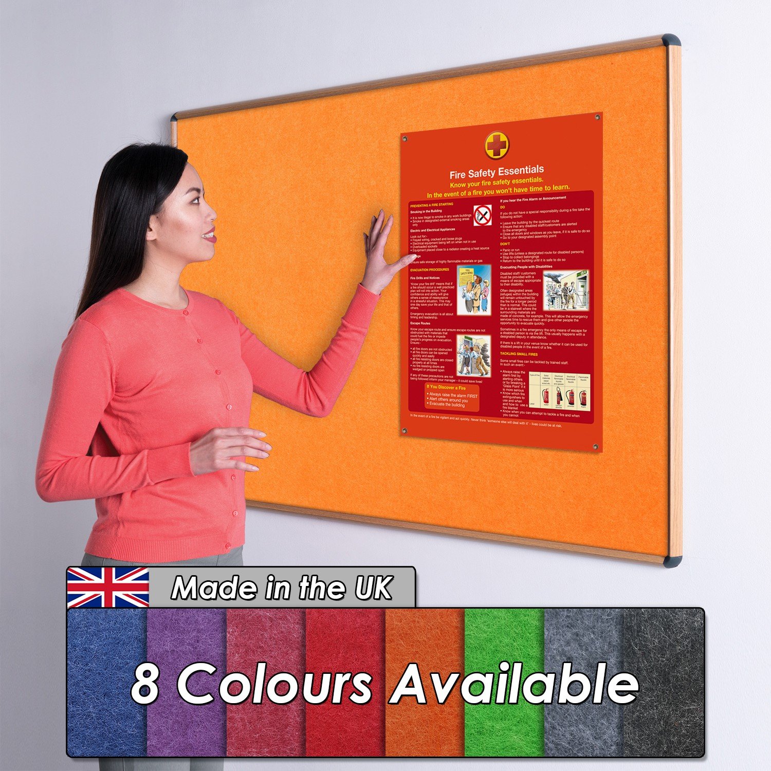 Wonderwall Fully Fire-Resistant Notice Board - Oak Effect Aluminium Frame - 150 x 120cm with Fixings, 11 Colours to Choose from (Orange)