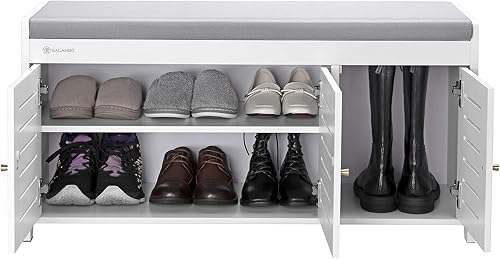 Miniatura 3 de Banco de almacenamiento de zapatos, zapatero de bambú, cojín de asiento suave para estilo cómodo, perfecto para entrada, primera impresión (blanco)