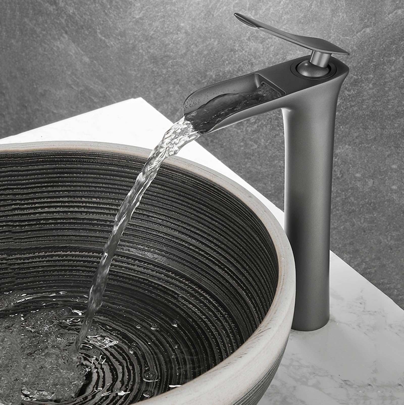 Mischbatterie Waschbecken Wasserfall Hoch Einhandmischer Mischbatterie Armatur Waschbecken Badezimmer Spritzwassergeschützt Heiß Und Kalt Komplett Aus Kupfer,Pistolengrau,hoch
