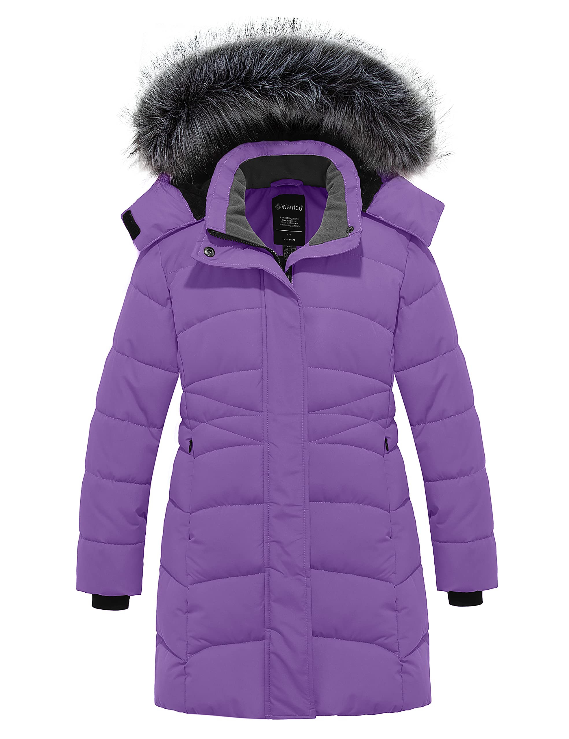 wantdo Girls Winter Coats Long Puffer Jackets Fleece Lined Removable Hood
