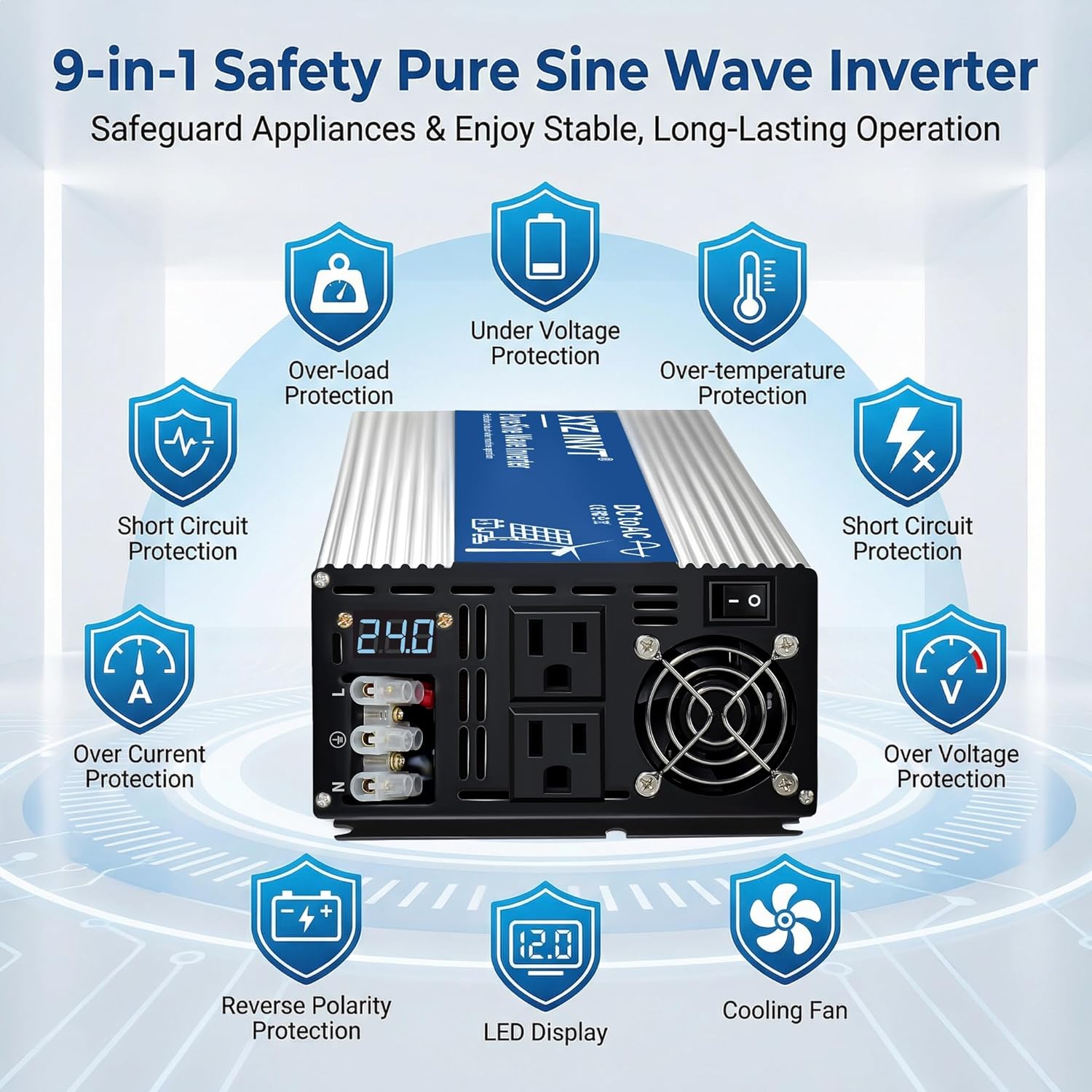 3000W Pure Sine Wave Inverter DC 24V to AC 110V 120V Power Inverter with Dual AC Outlets & Hardwire Terminal & LED Display for Solar,Home Backup Power,Outdoor Over 90% Efficiency
