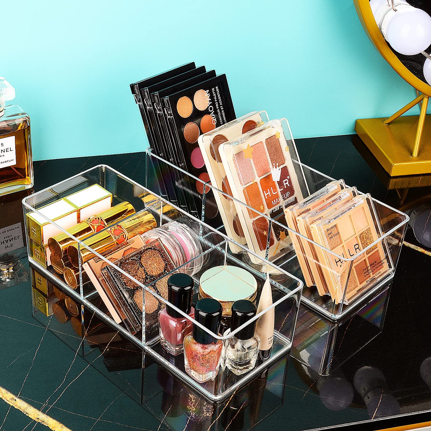 JessLab Organizer per Cassetti, Organizer per Trucco in Acrilico Espositore per Gioielli per Cosmetici per Scrivania Guardaroba Bagno Vanity Countertop, Trasparente (3+3 Compartment)