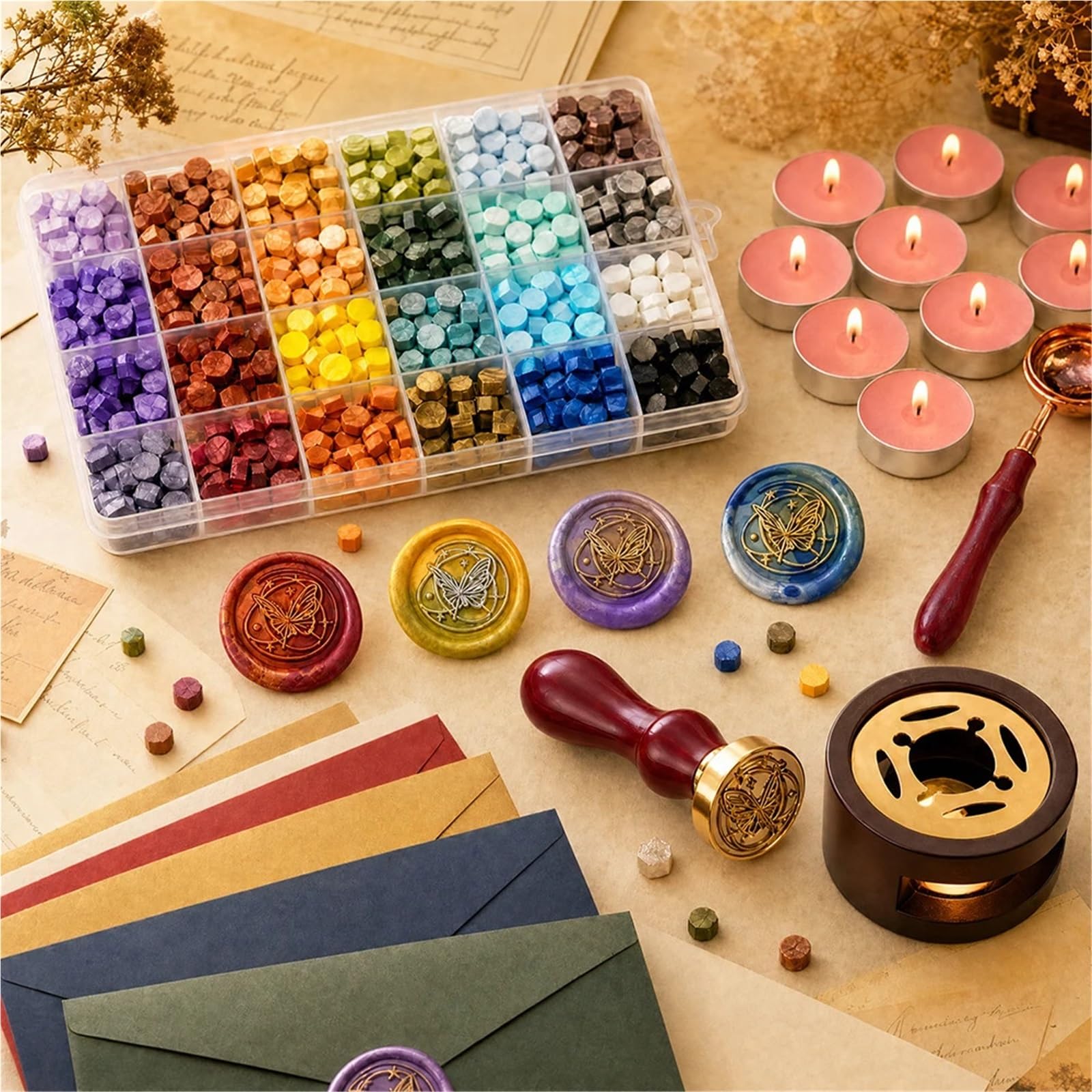 Siegelwachs Wachssiegel-Stempelset | Lackierte Bastelbedarf DIY Weihnachten Hochzeitseinladung Dekoration Partikel Versiegelung(Color1)