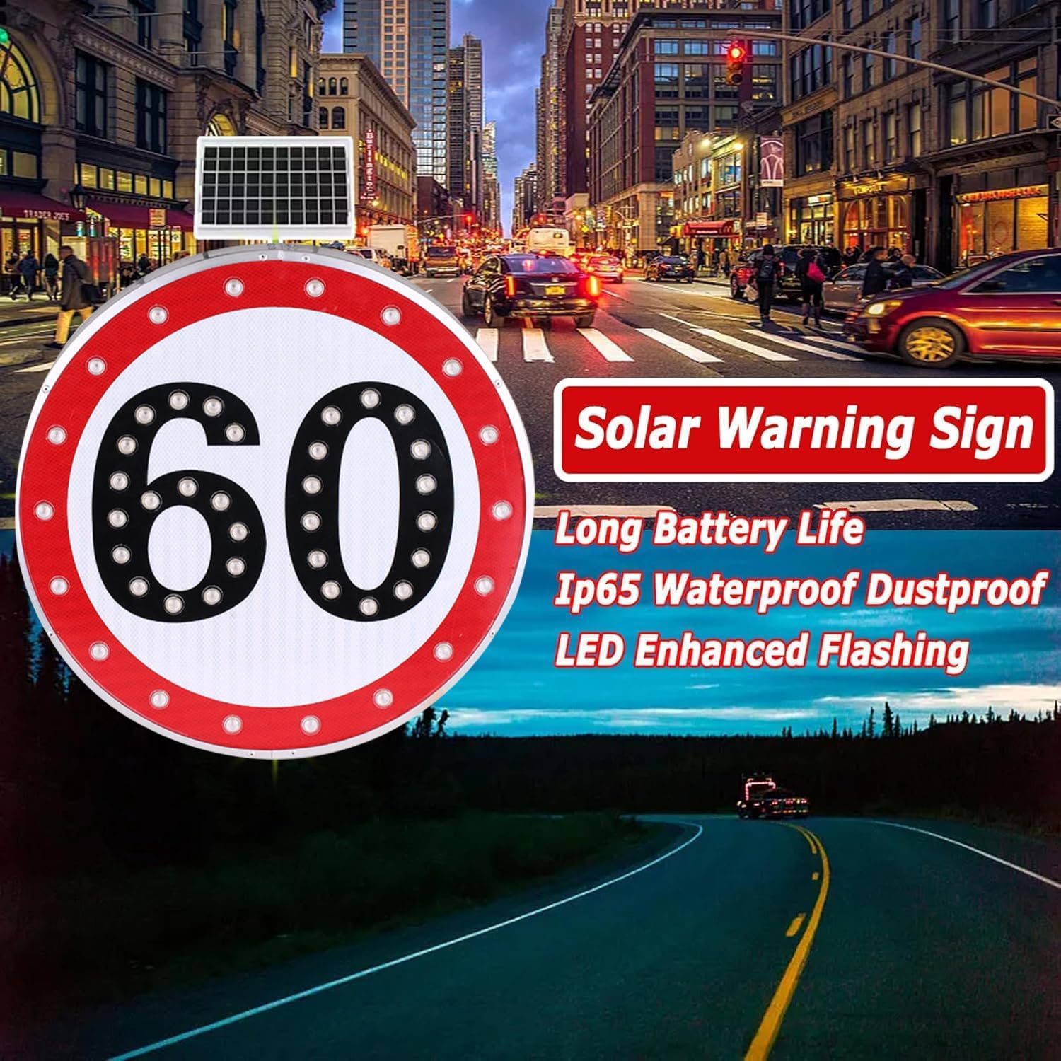 24" LED Flashing Solar Powered Speed Limit 20/30/40/50/60/80 Sign Sign in Traffic Road Highway (60)