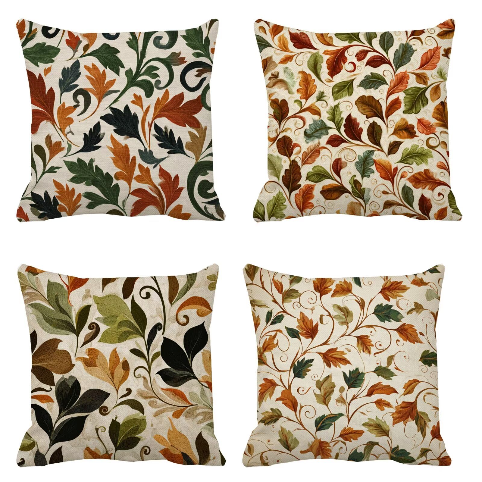 Housse coussin 75x75 cm en lin lot de 4 couleur rouille motif feuilles