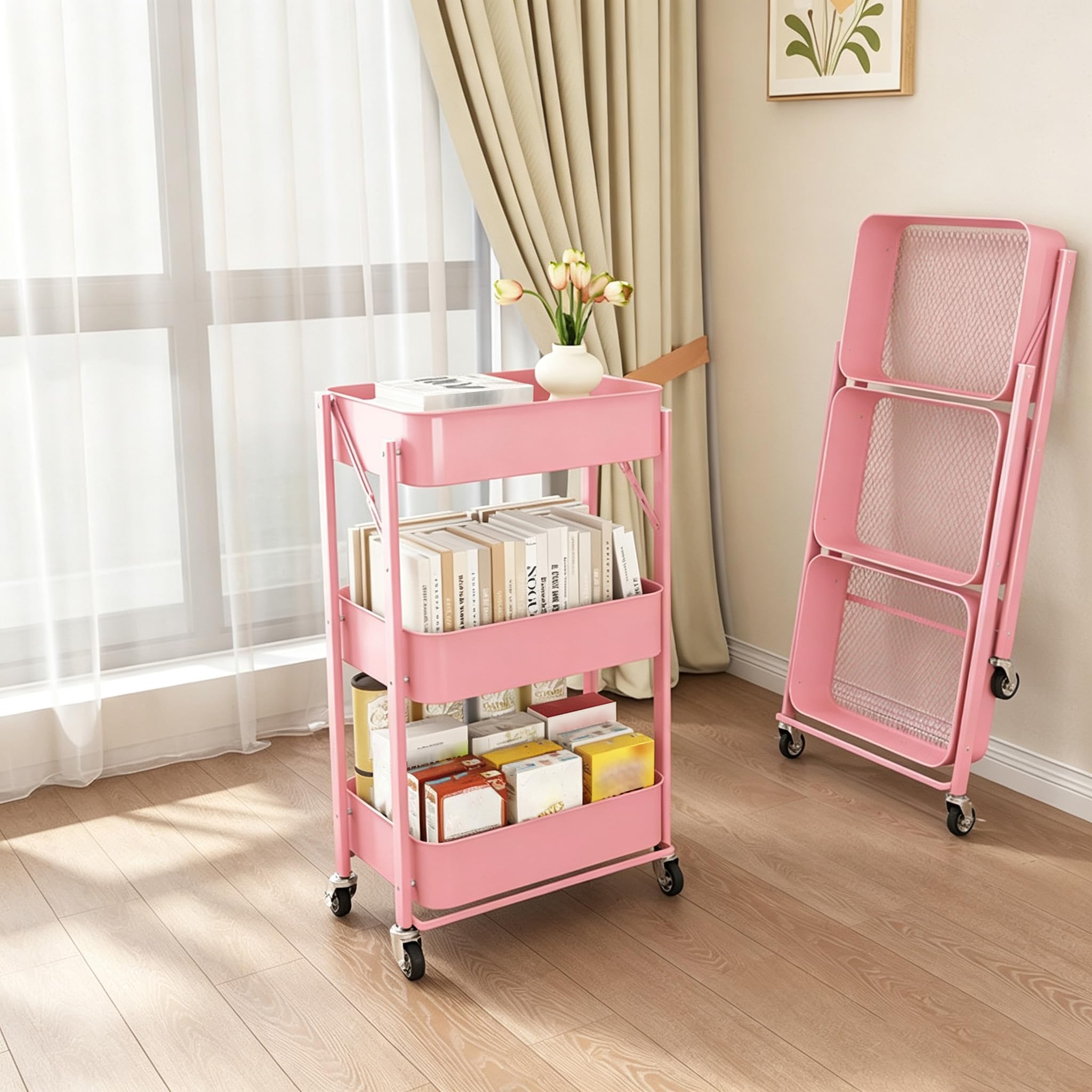 3-Tier Trolley On Wheels, Space-Saving Metal Foldable Bathroom Trolley