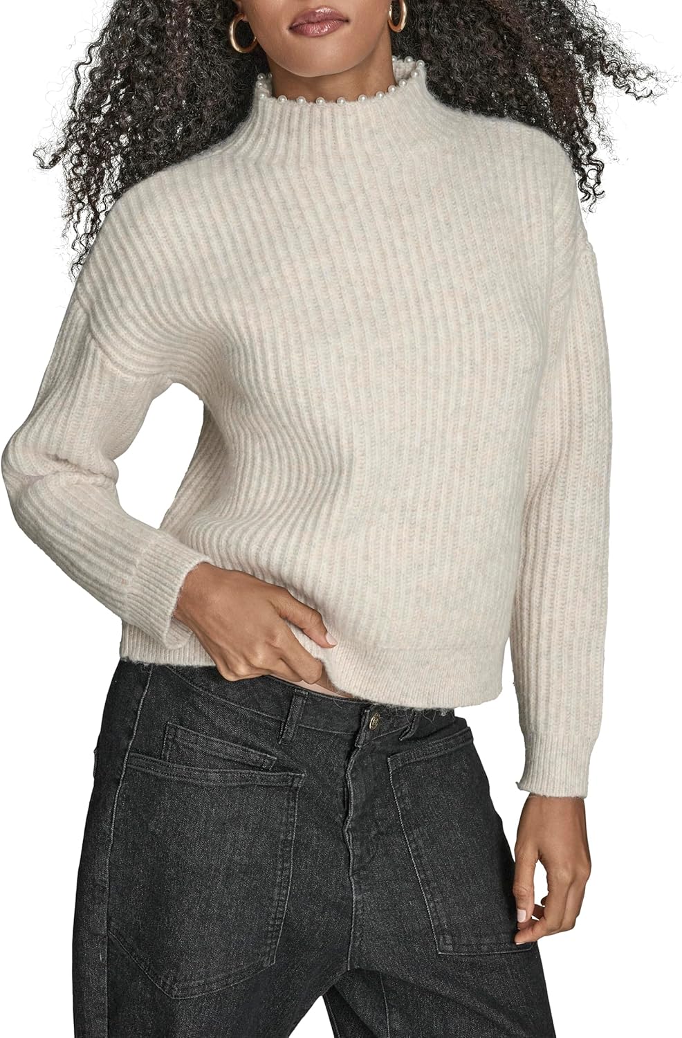 BCBG Women's Ribbed Mockneck Sweater with Pearls
