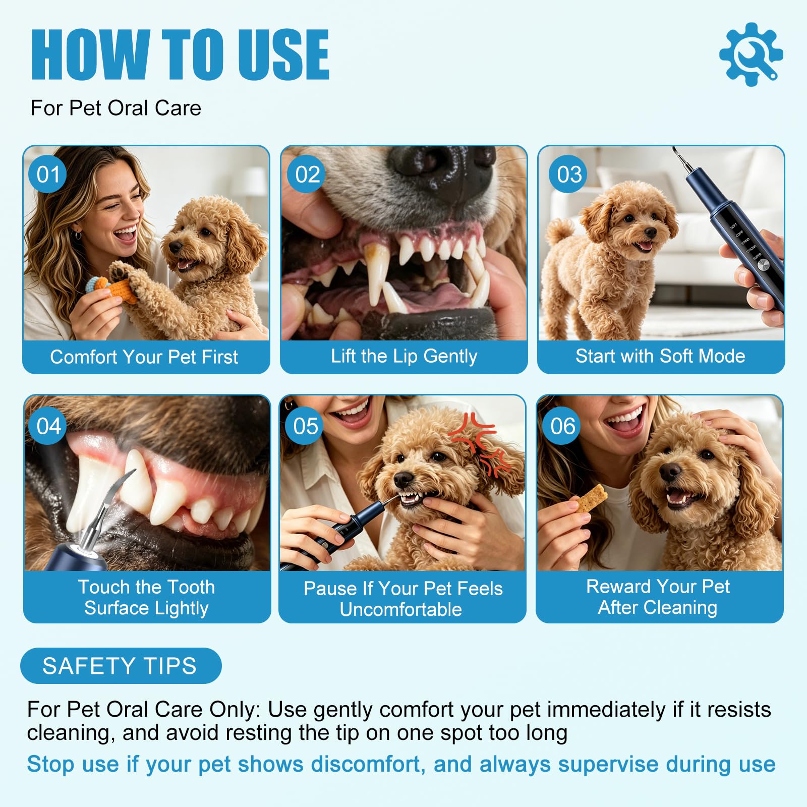 Kit di pulizia dentale per cani e gatti, strumento elettrico per la pulizia dei denti con specchio dentale e punte per la pulizia, kit per l'igiene orale degli animali domestici ricaricabile di