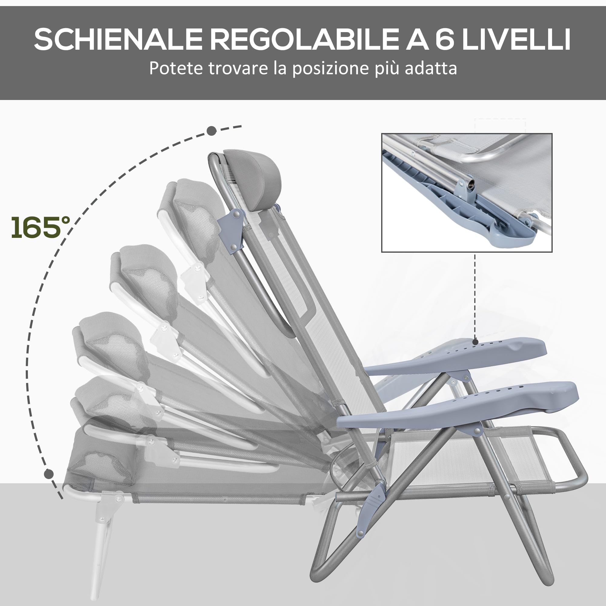 Outsunny Set 2 Sedie da Campeggio Pieghevoli con Poggiatesta Imbottito, Sedia da Pesca con Schienale Regolabile su 6 Livelli in Alluminio e Schiuma, 62x65x80 cm, Grigio Chiaro