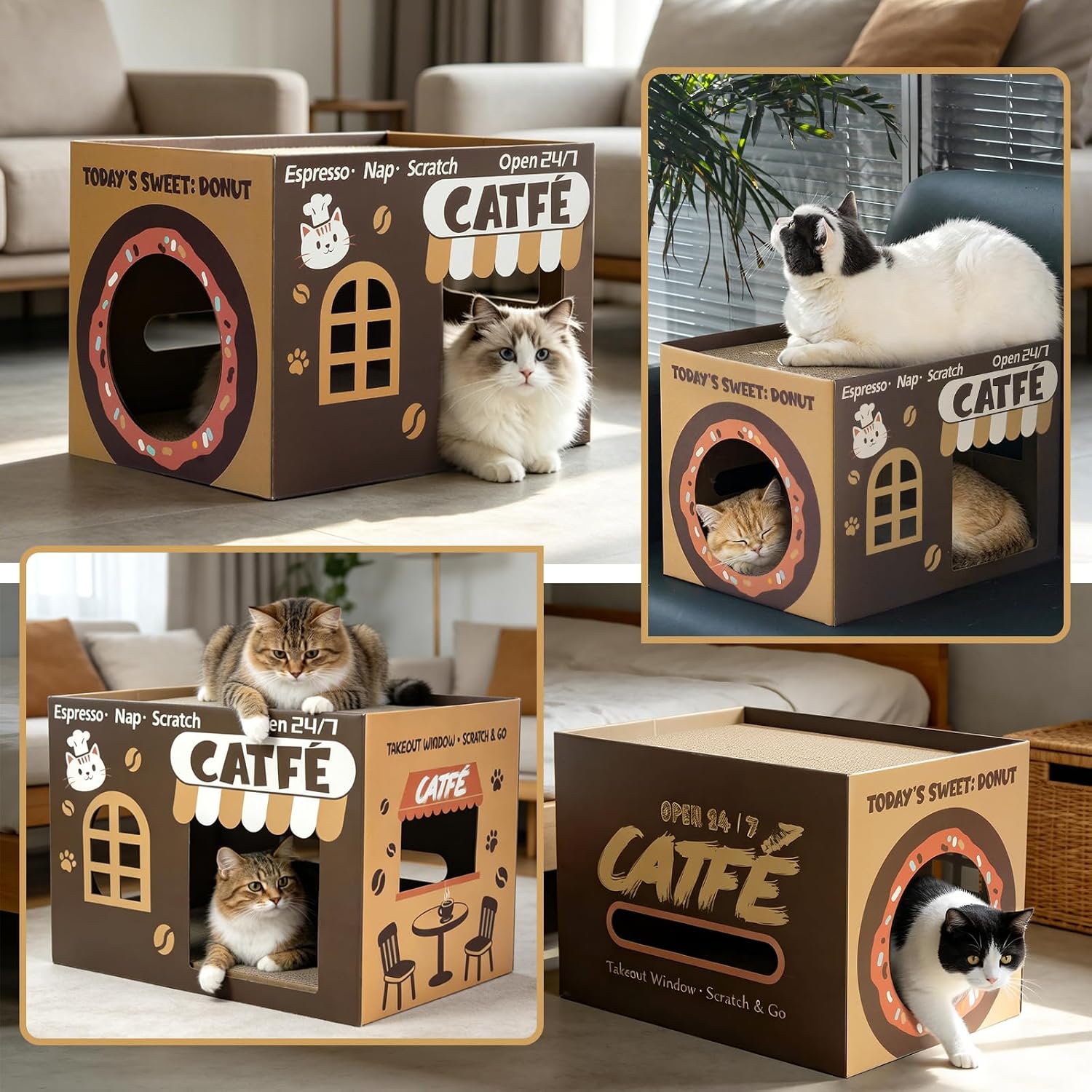 ARGOPET Cardboard Cat Scratcher House, Cozy Cardboard Design with 2 PCS Scratching Pads, Cat Scratcher Box & Bed, 17-Inch Corrugated Cat Scratcher, Safe and Secure for Kittens, Easy to Assemble（Brown）