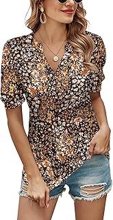 Romanstii Women Casual V-Neck T-Shirts Loose Puff Short Sleeve Tops Tunic Blouses - Buy now