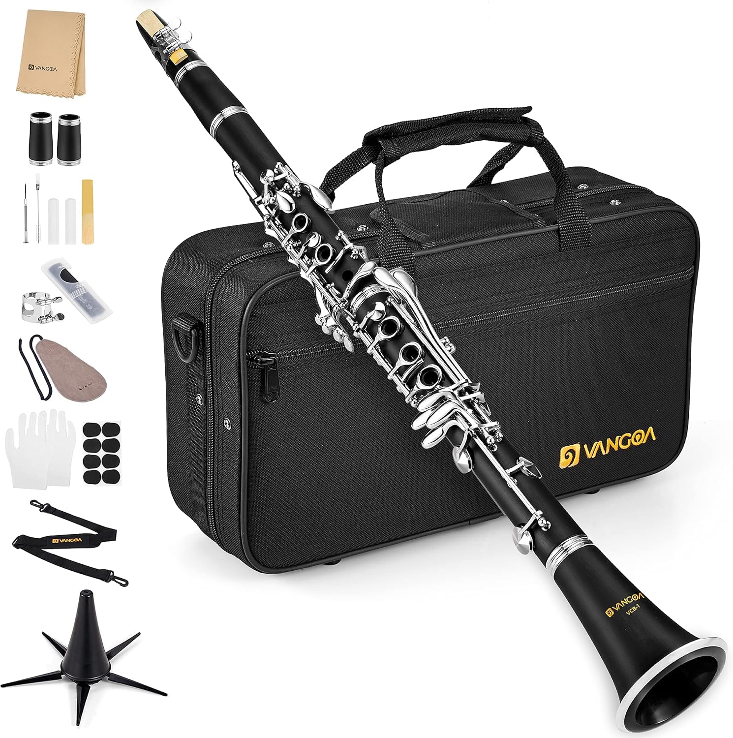 Vangoa Bb Clarinet, B Flat Beginner Student Clarinet Bb Nickel-Plated for School Band Orchestra adult kid with Hard Case, Stand, Cleaning Kit, Barrels, Gloves, Strap, Pads, Reeds