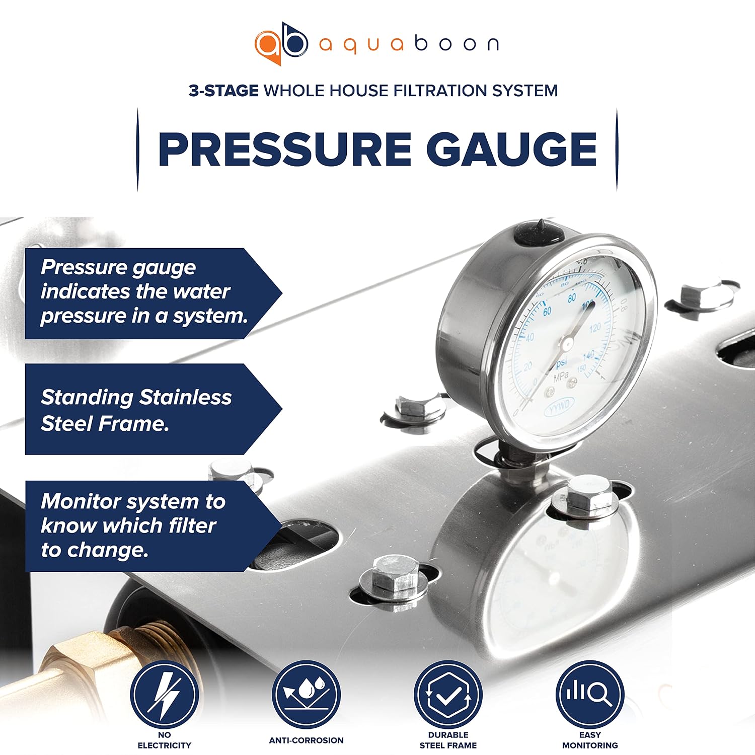 Aquaboon 3-Stage Whole House Water Filter System with 5 Micron 20x4.5 Reducing Sediment and KDF Heavy Metals Water Filter Purification Cartrige, Pressure Gauges, Wrench, Bracket
