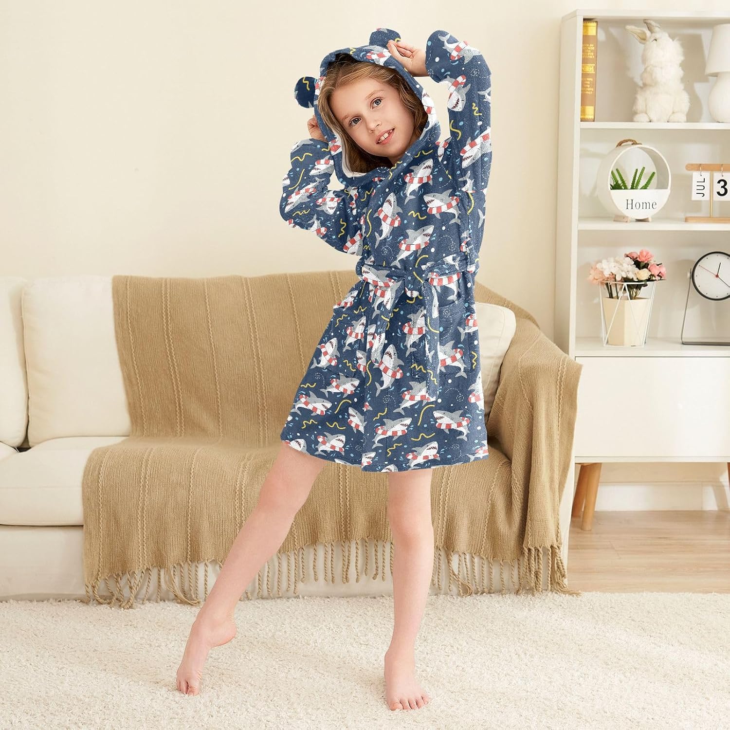 senya Cute Shark Swim Blue Toddler Hooded Bathrobe Kids Soft Plush Bath Towel Robes for Boys Girls 2-12 Years