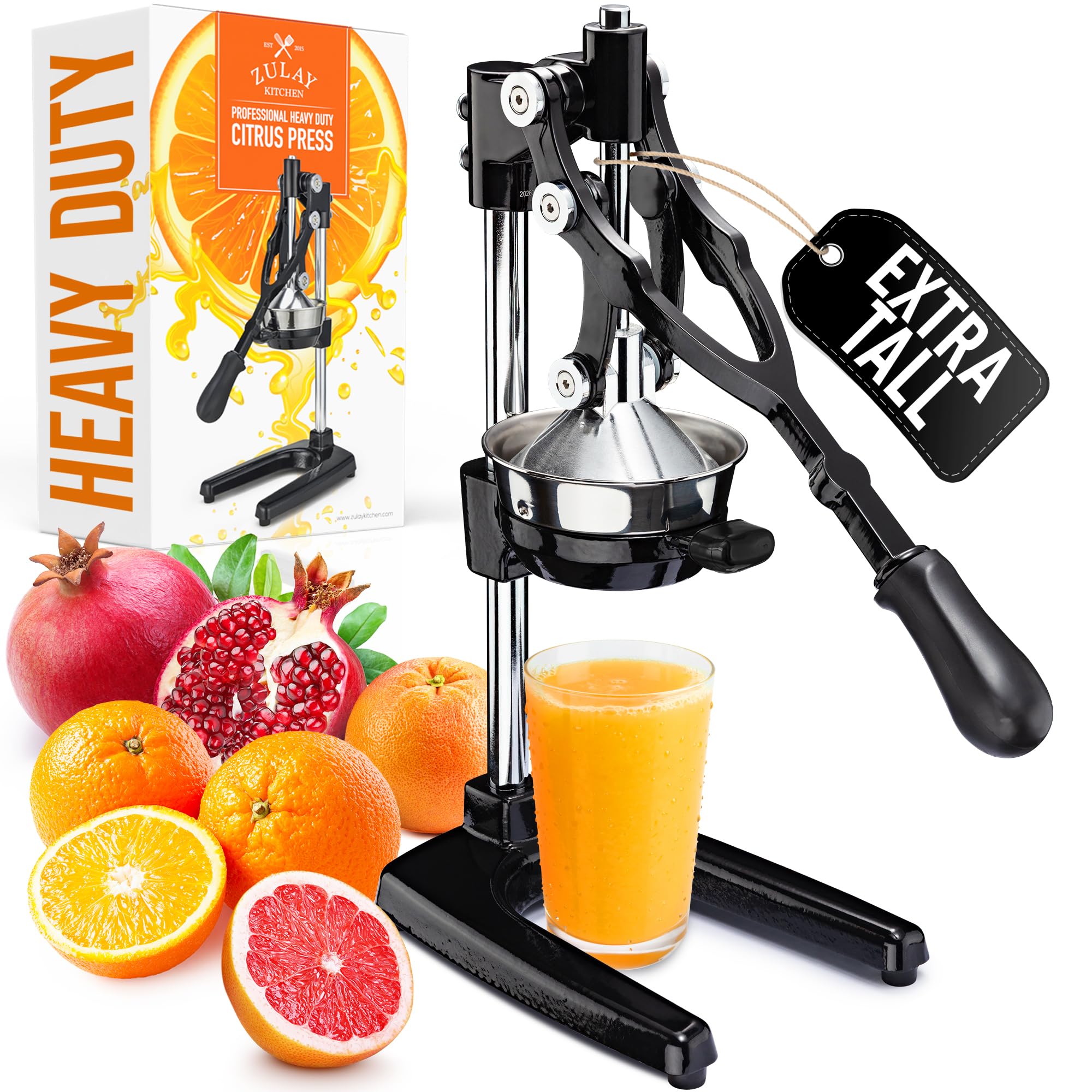 Zulay Kitchen Extra Tall Cast Iron Juicer - Fits Any Glass, Heavy Duty Manual Citrus Juicer with Detachable Strainers for Easy Cleaning, Perfect for Bartenders, Juice Lovers &amp; Health Enthusiasts