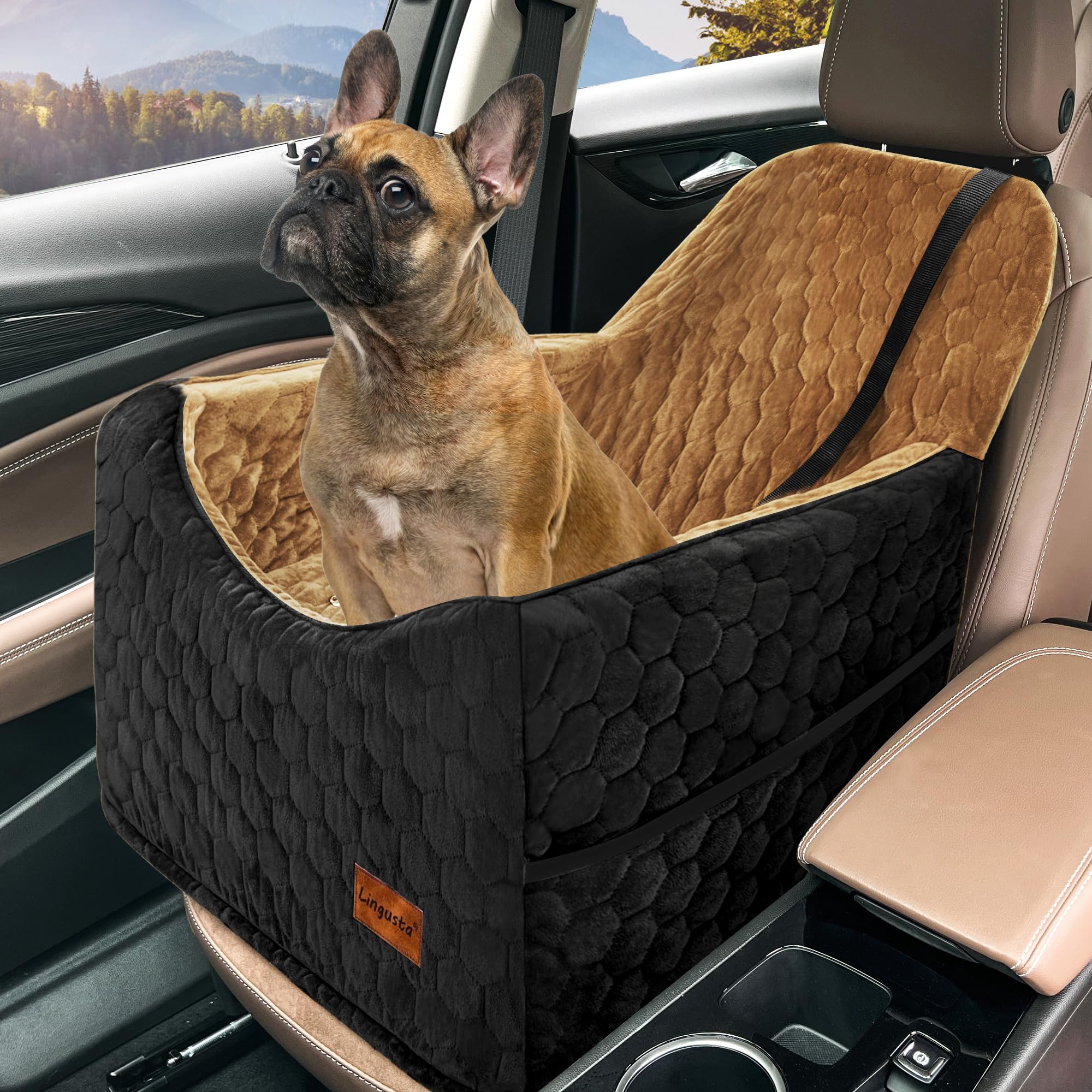 Dog Car Seat for Small/Medium Dogs, Memory Foam Dog Booster Seat, Travel Safety Per Car Seat with Washable Removable Cover, Storage Pockets, Elevated Dog Car Bed for Dogs up to 35 lbs(BlackBrown)