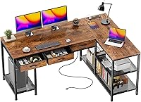 PRAISUN 55 Inch Reversible L-Shaped Gaming Desk with Power Outlets, Type-C Port, 3 Drawers & Mesh Shelves - Rustic Brown Home Office