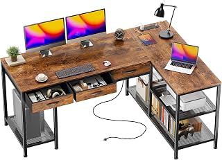 PRAISUN 55 Inch L-Shaped Gaming Desk with Power Outlets, Type-C Port, 3 Drawers & Mesh Shelves - Rustic Brown