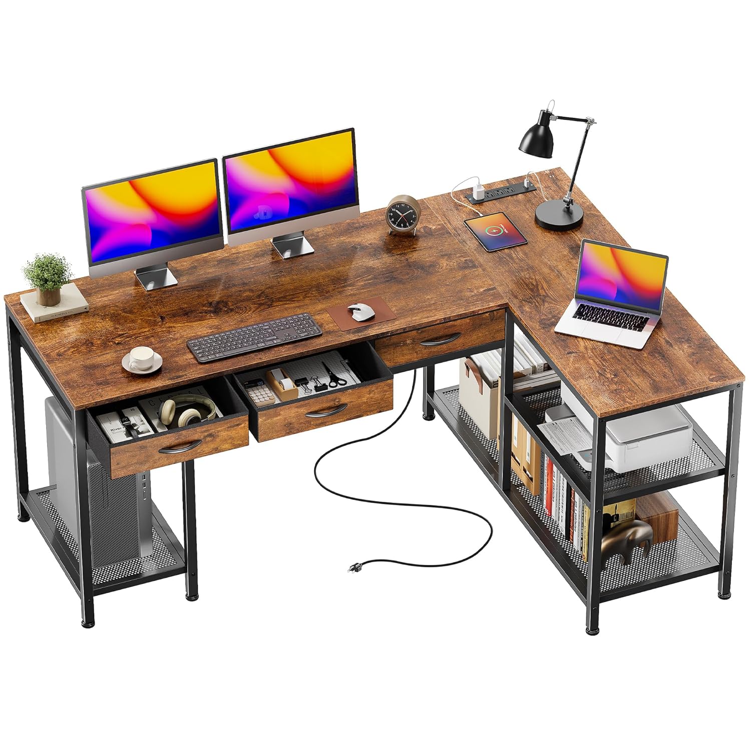 PRAISUN 55 Inch L Shaped Office Desk with Power Outlets and Type-C Port Large Computer Gaming Desk with