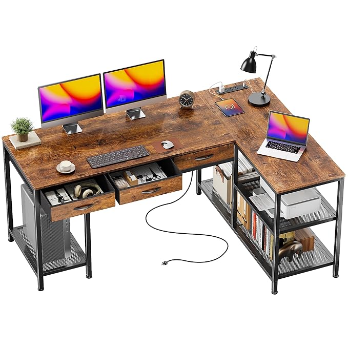 PRAISUN 55 Inch L Shaped Office Desk with Power Outlets and Type-C Port