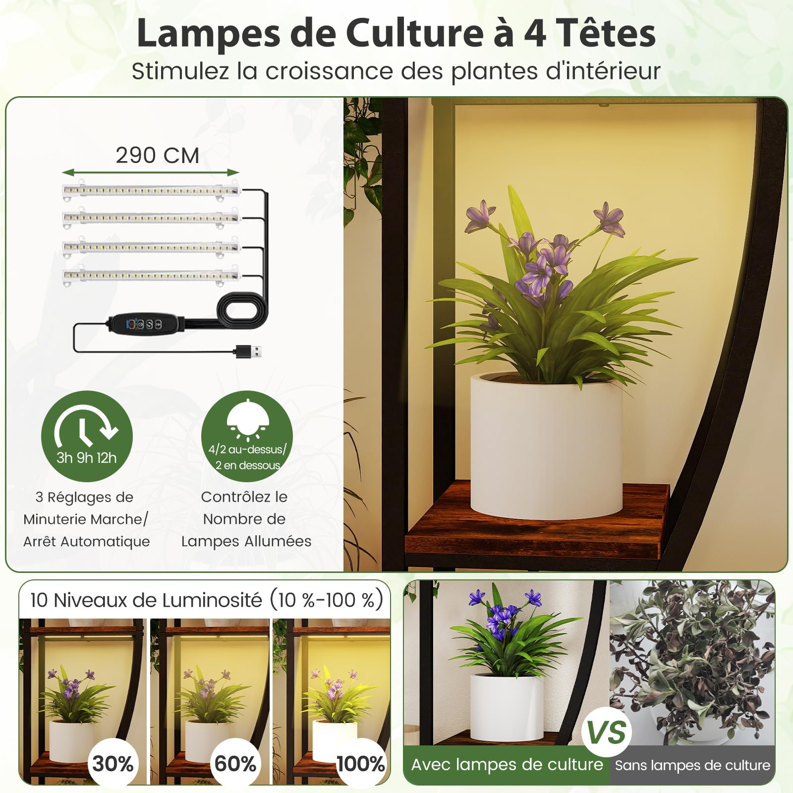 COSTWAY Support de Plante Métallique d'Angle à 10 Étagères Ouvertes, Étagère Fleur avec Lumières de Croissance, Support Pot de Fleurs pour Balcon Salon, 127 x 30 x 160 cm, Marron