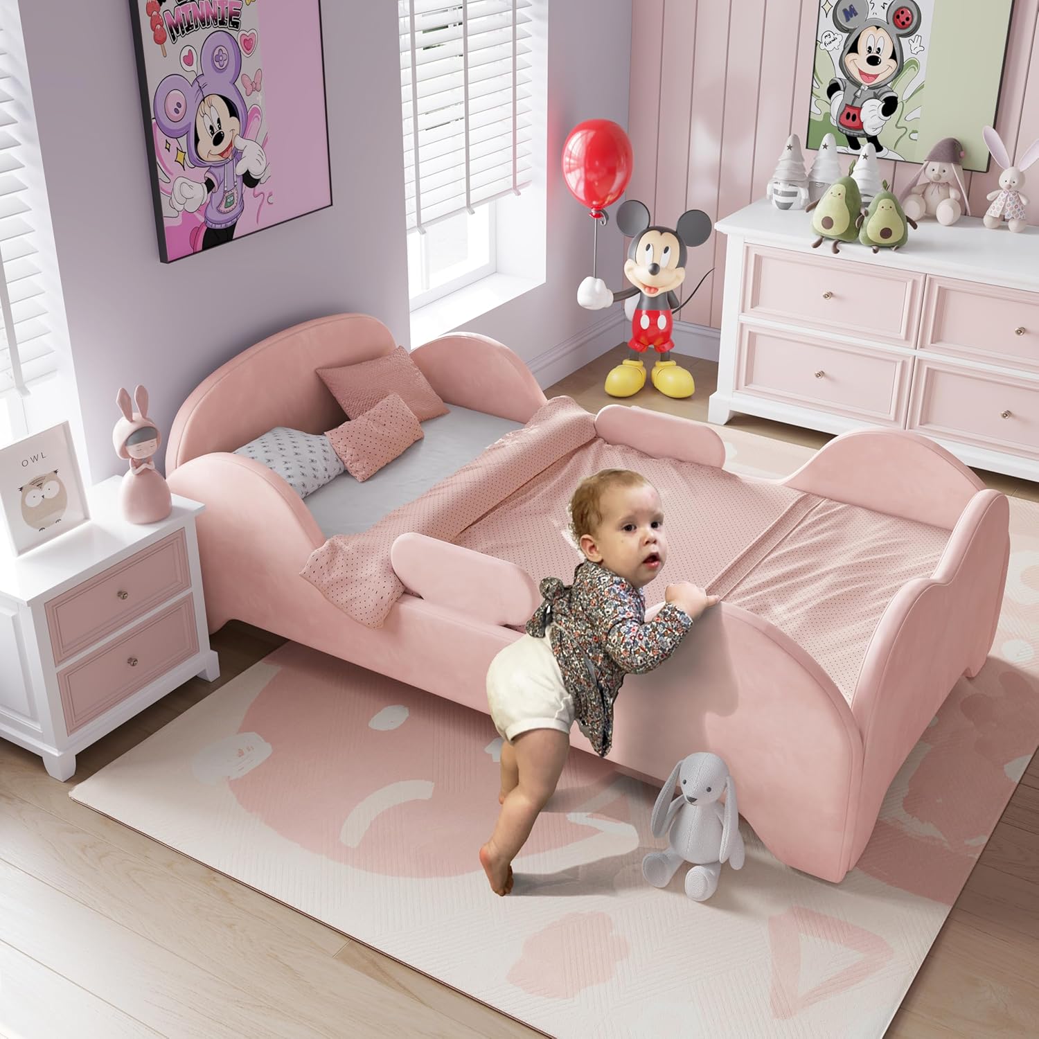 allamazing Toddler Bed, Toddler Flood Bed with Extra Safety Broad, Standard Crib Size for Kids, Certified Fabric Beds, Low to Floor Design (Pink)